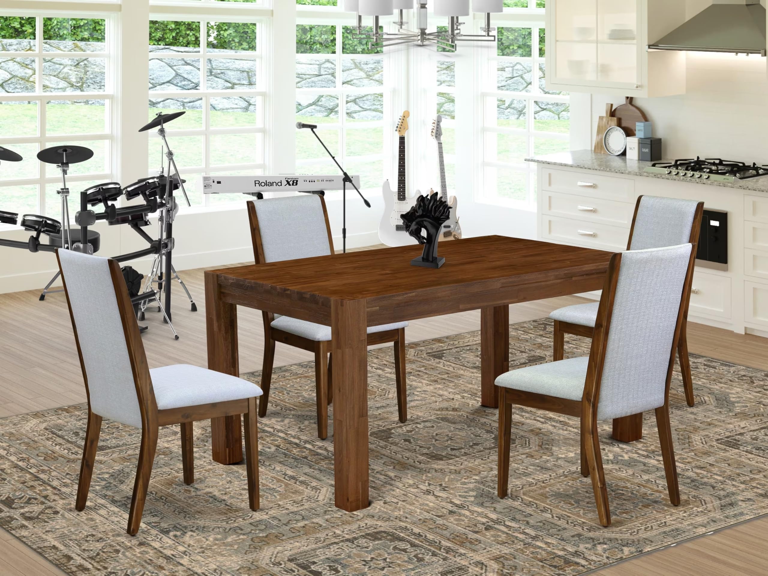 East West Furniture Cnla5-N8-05 5 Piece Kitchen Table Set For 4 Includes A Rectangle Rustic Wood Dining Room Table And 4 Grey Linen Fabric Upholstered Chairs, 36X60 Inch, Natural