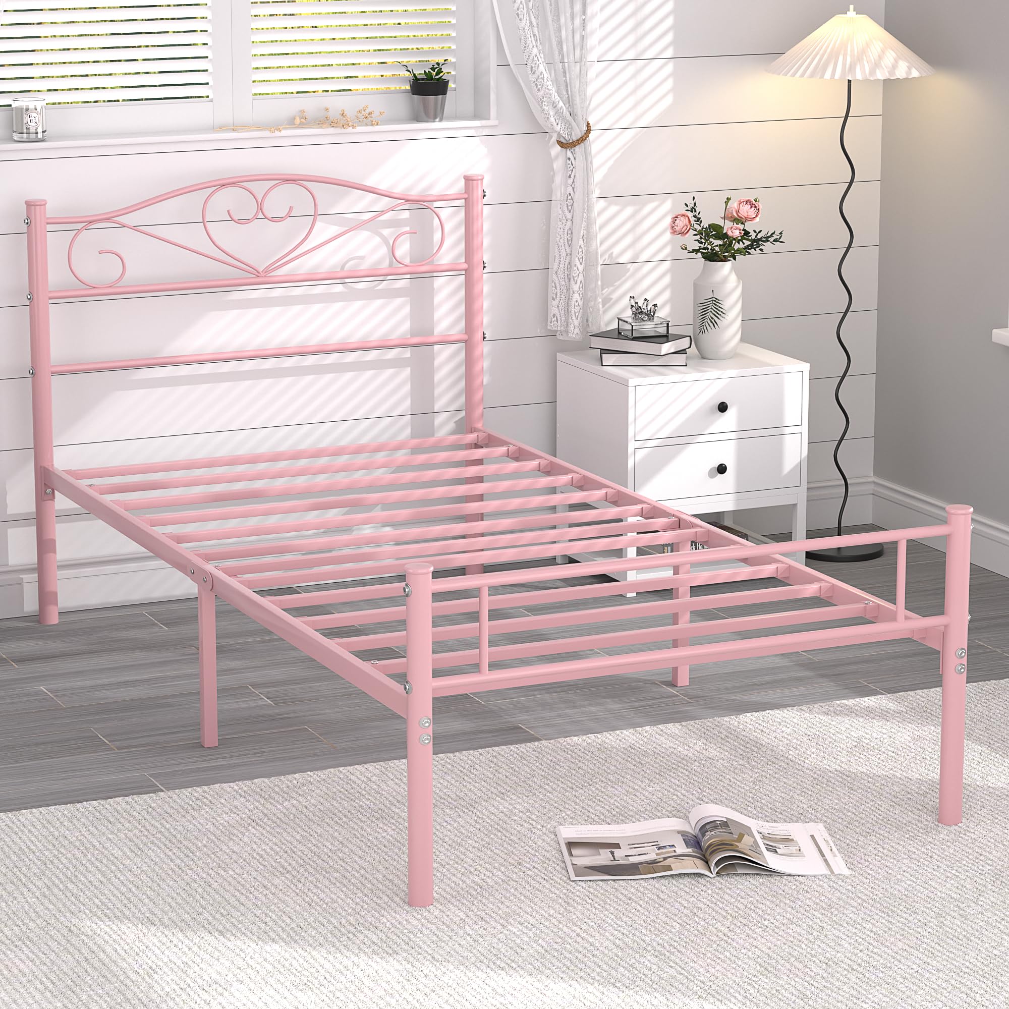 Vecelo 14 Inch Twin Size Metal Platform Bed Frame With Headboard And Footboard, Heavy Duty Mattress Foundation With Steel Slats Support, No Box Spring Needed, Pink