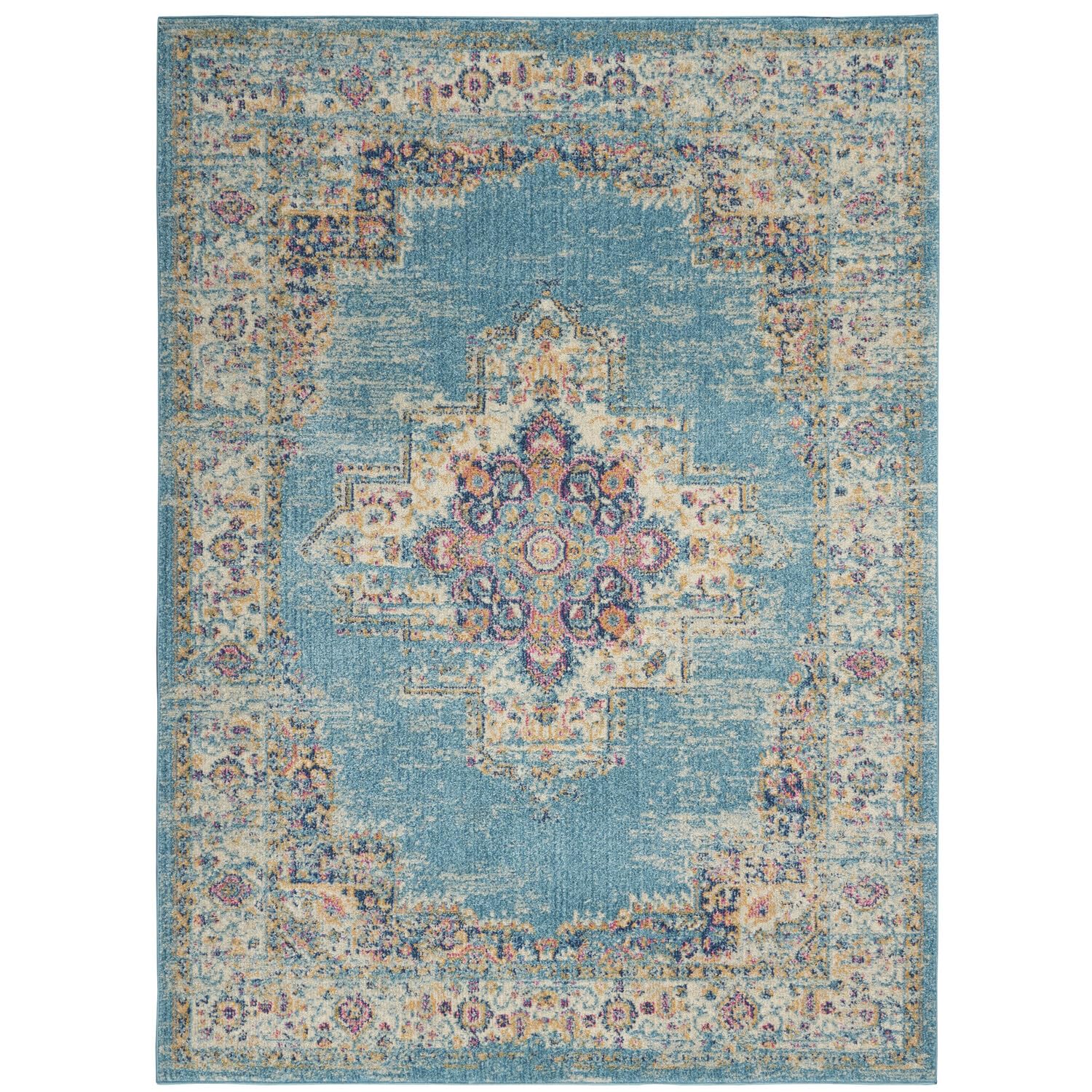Nourison Passion Light Blue 5'3'' x 7'3'' Area-Rug, Boho, Traditional, Easy-Cleaning, Non Shedding, Bed Room, Living Room, Hallw