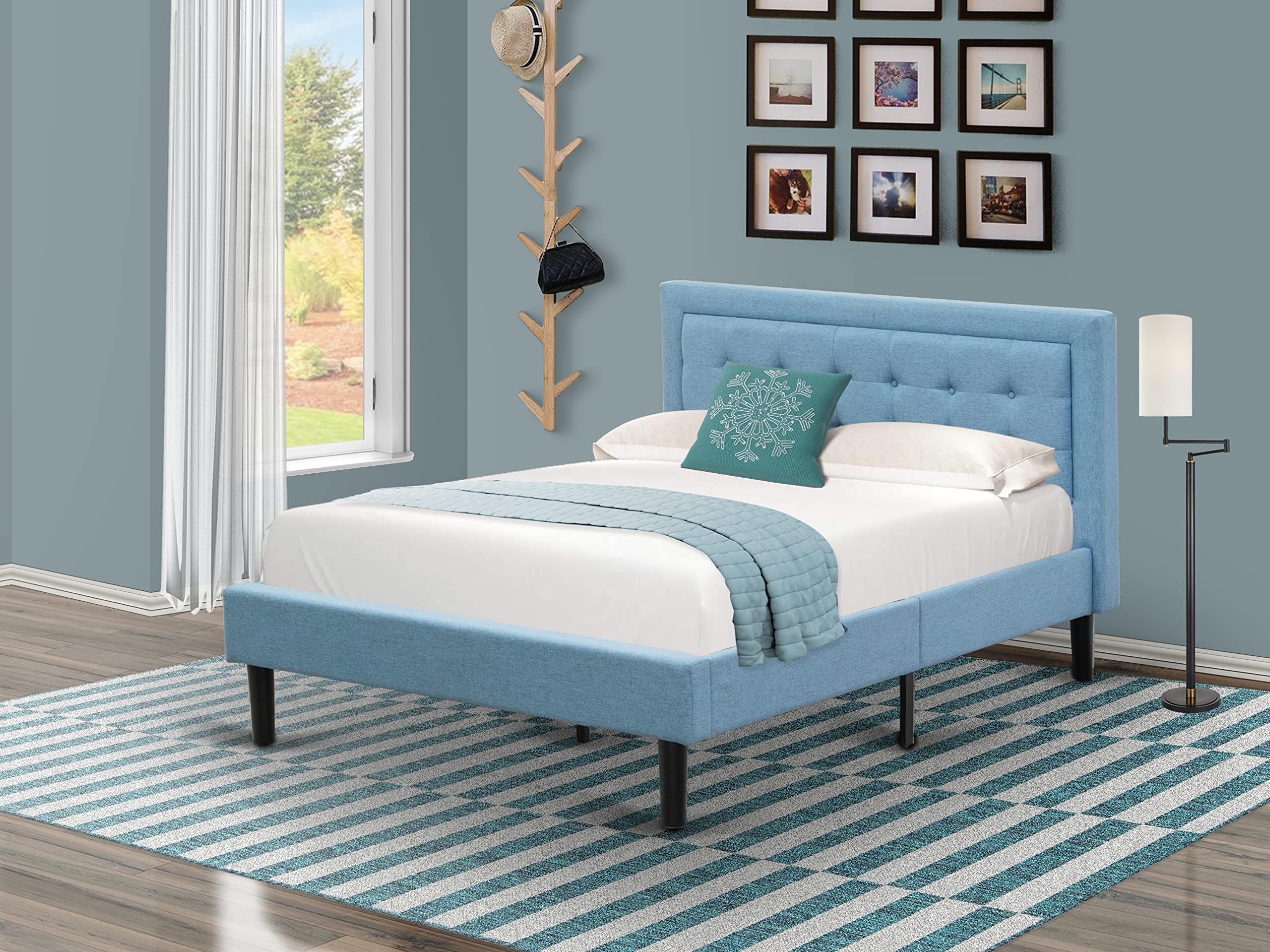 East West Furniture FNF-11-F Platform Full Bed Frame - Denim Blue Linen Fabric Upholstered Bed Headboard with Button Tufted Trim Design - Black Legs