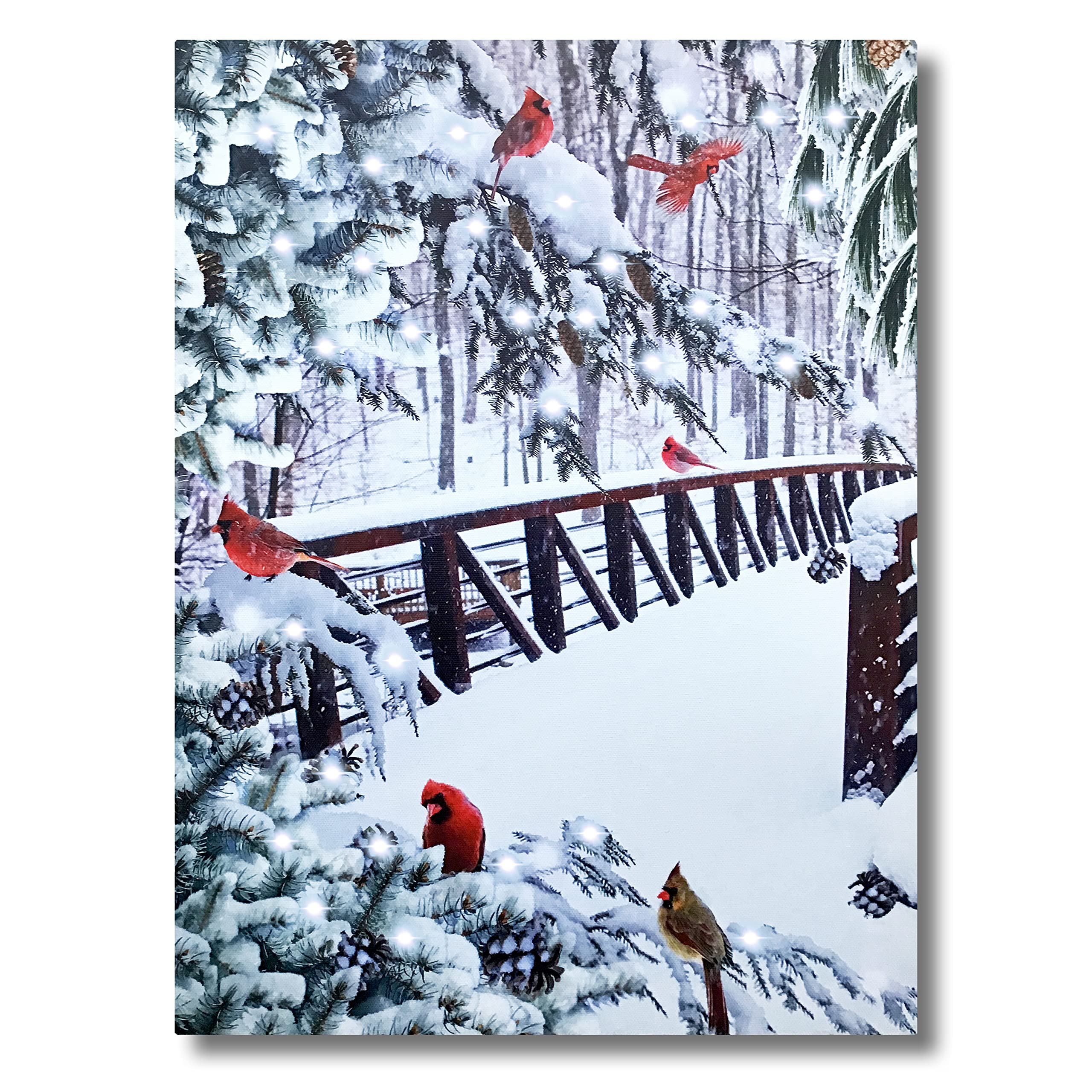 BANBERRY DESIGNS Lighted Cardinal Snowy Bridge Canvas Wall Art - Light up LED Print - Cardinals Winter Woodsy Scene - Battery Op