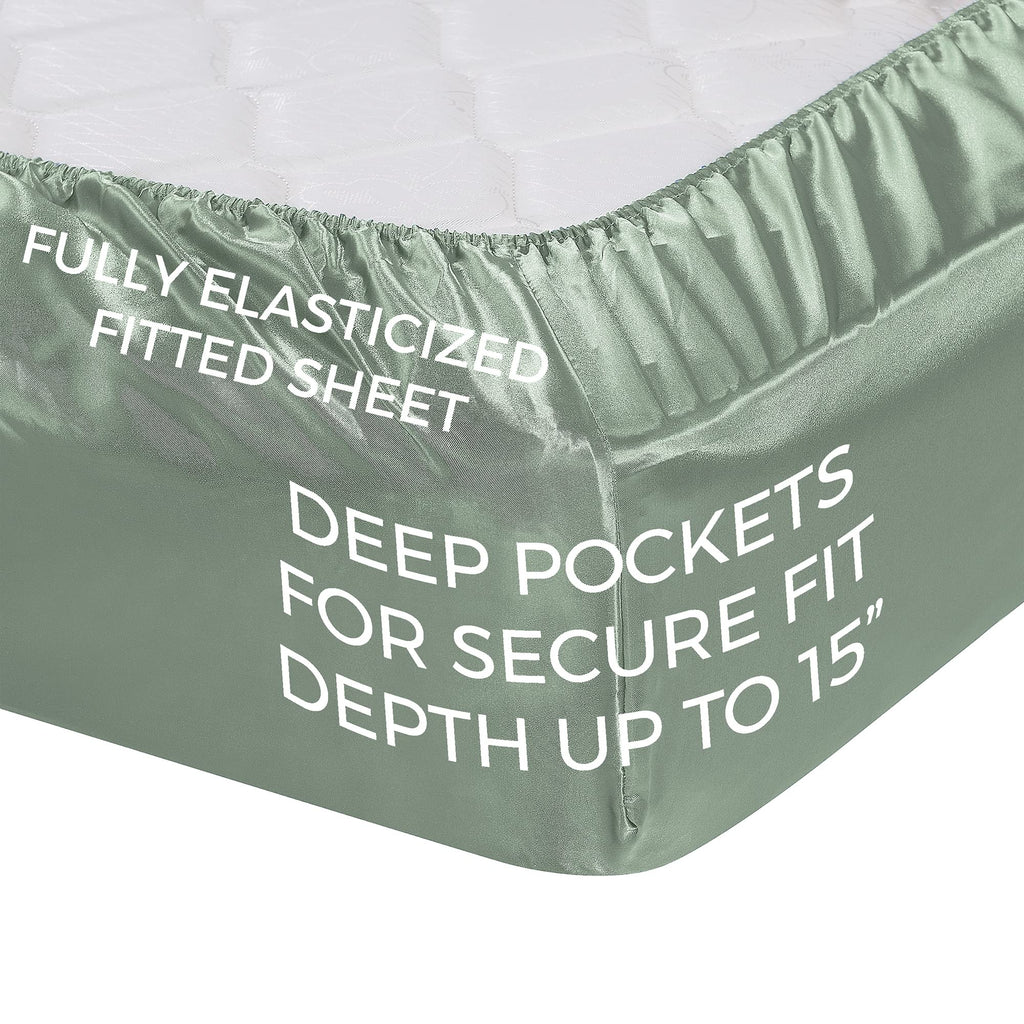 Satin Sheets Full [4-Piece, Champagne Green] Hotel Luxury Silky Bed Sheets - Extra Soft 1800 Microfiber Sheet Set, Wrinkle, Fade