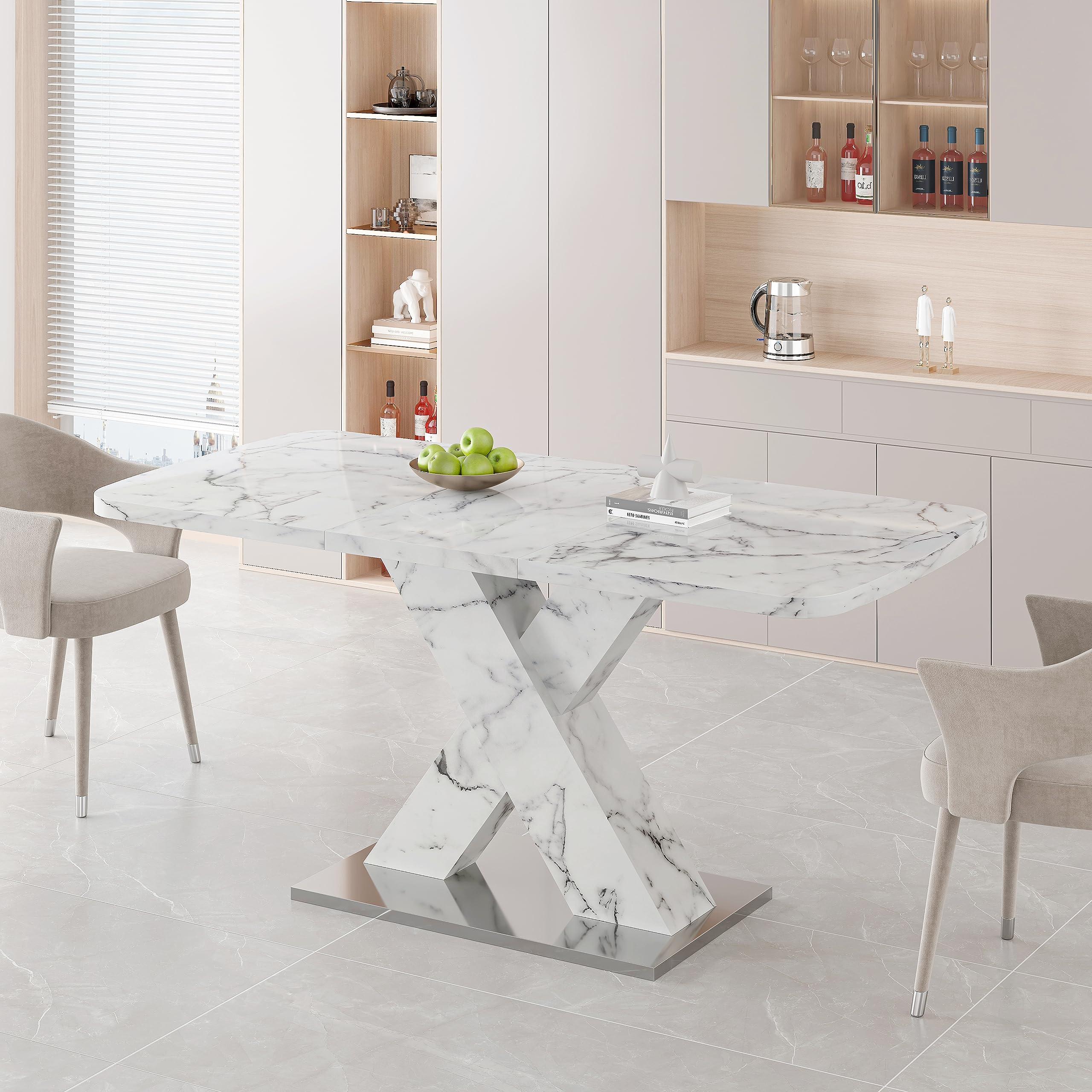 Lasadelgar Modern Dining Table, 47-63 Inch Rectangular Stretchable White Marble Printed Mdf Table Top X-Shape Table Leg With Met