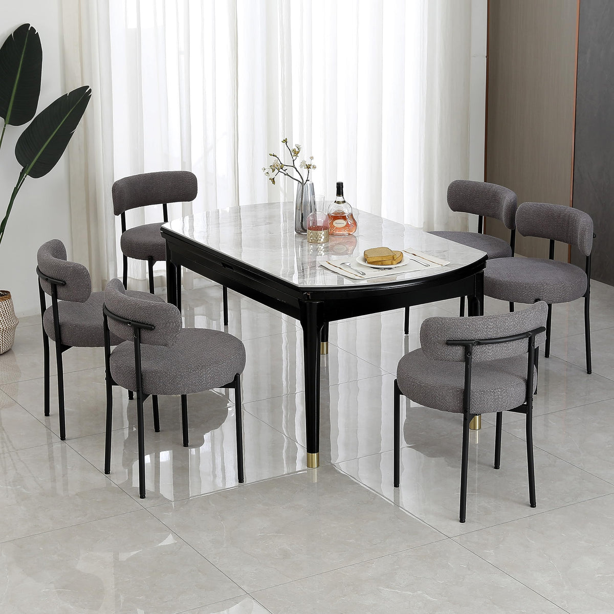 Dyhome Dark Grey Dining Chairs Set Of 6, Mid-Century Modern Dining Chairs, Kitchen Dining Room Chairs, Curved Backrest Round Uph