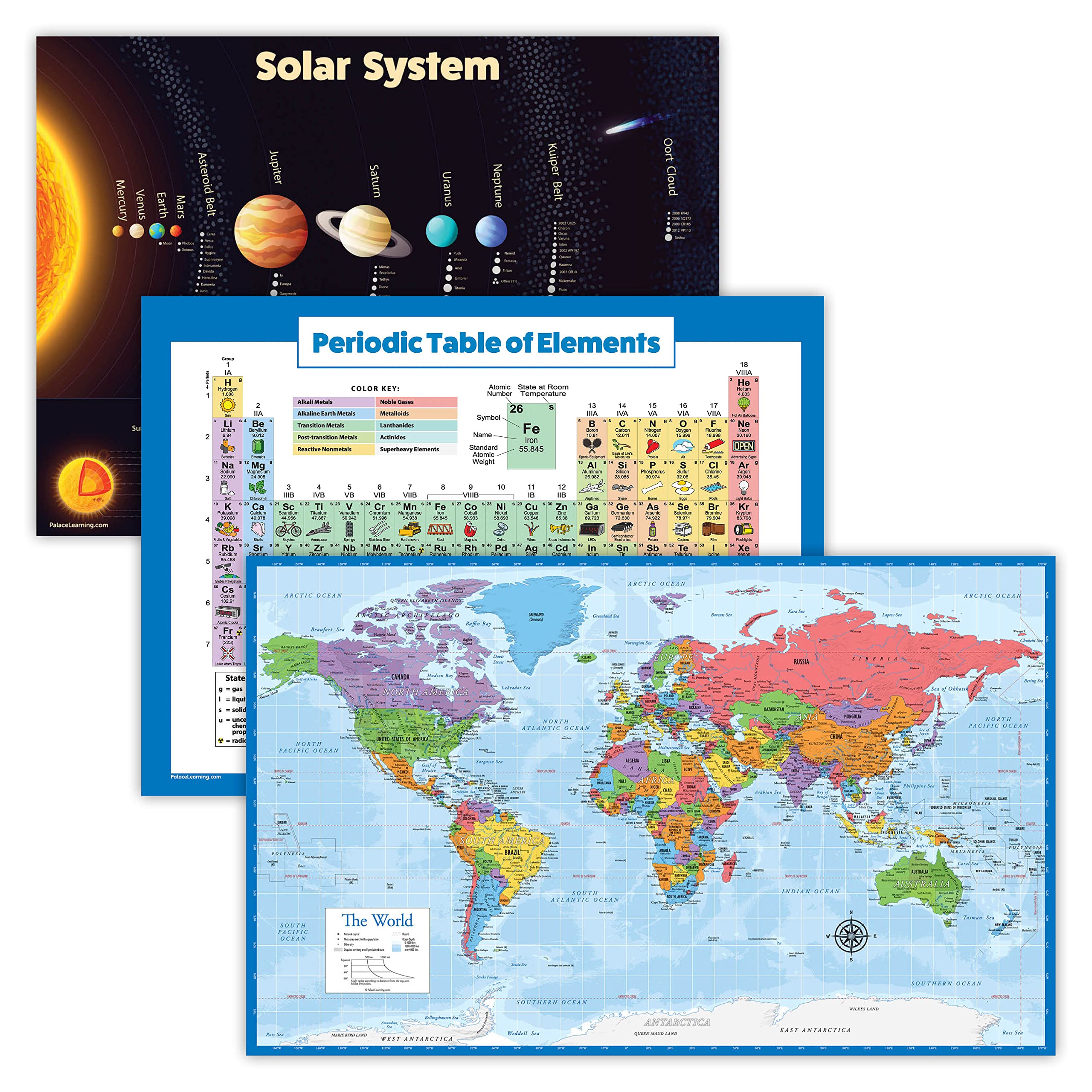 Palace Learning 3 Pack - Solar System Poster + Periodic Table Of The Elements For Kids + World Map Chart [Blue Ocean] (Laminated