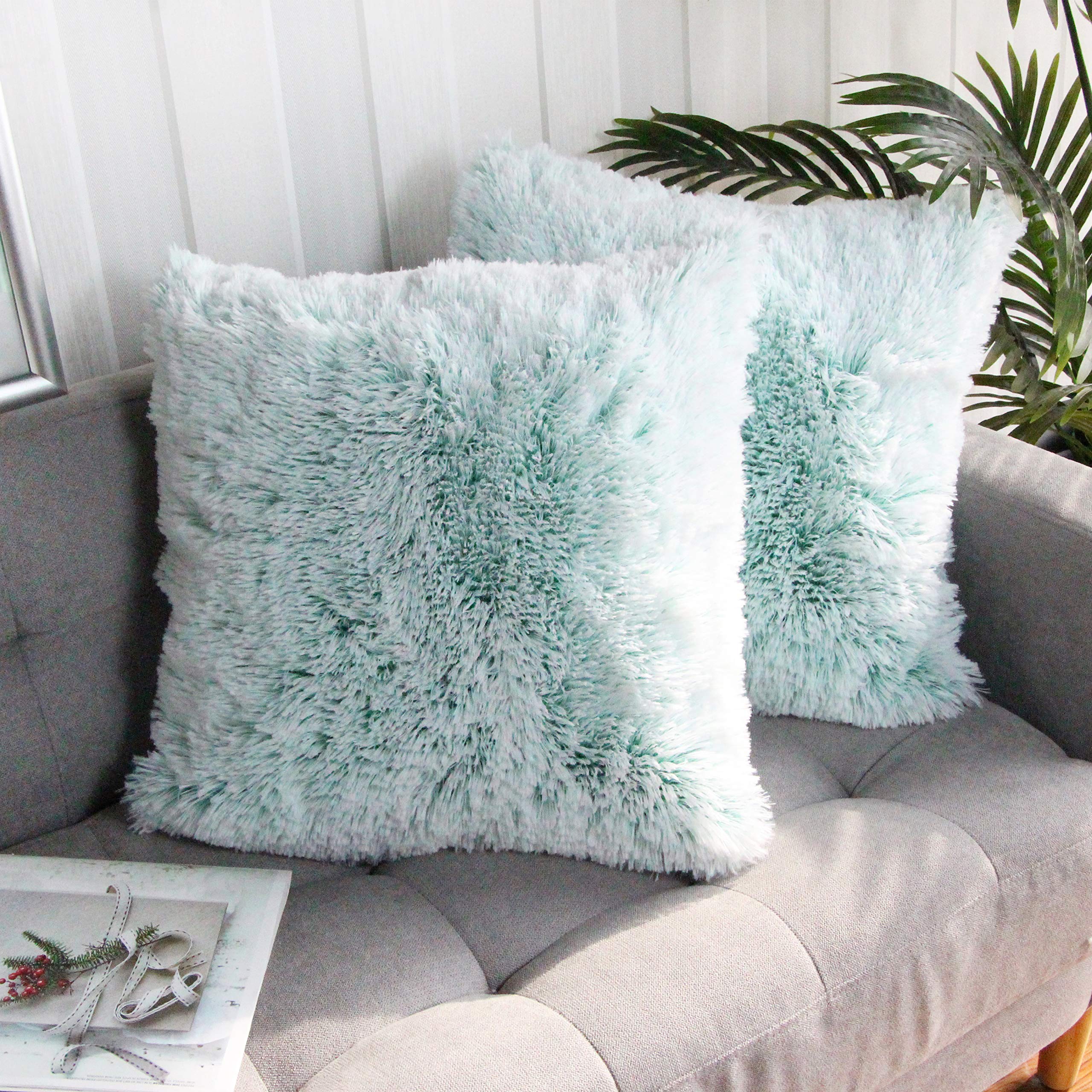 Uhomy 2 Packs Fluffy Plush Pillow Cover 22 'X22 ', Fall Winter Home Decorative Luxury Green Ombre Soft Fluffy Faux Fur Throw P