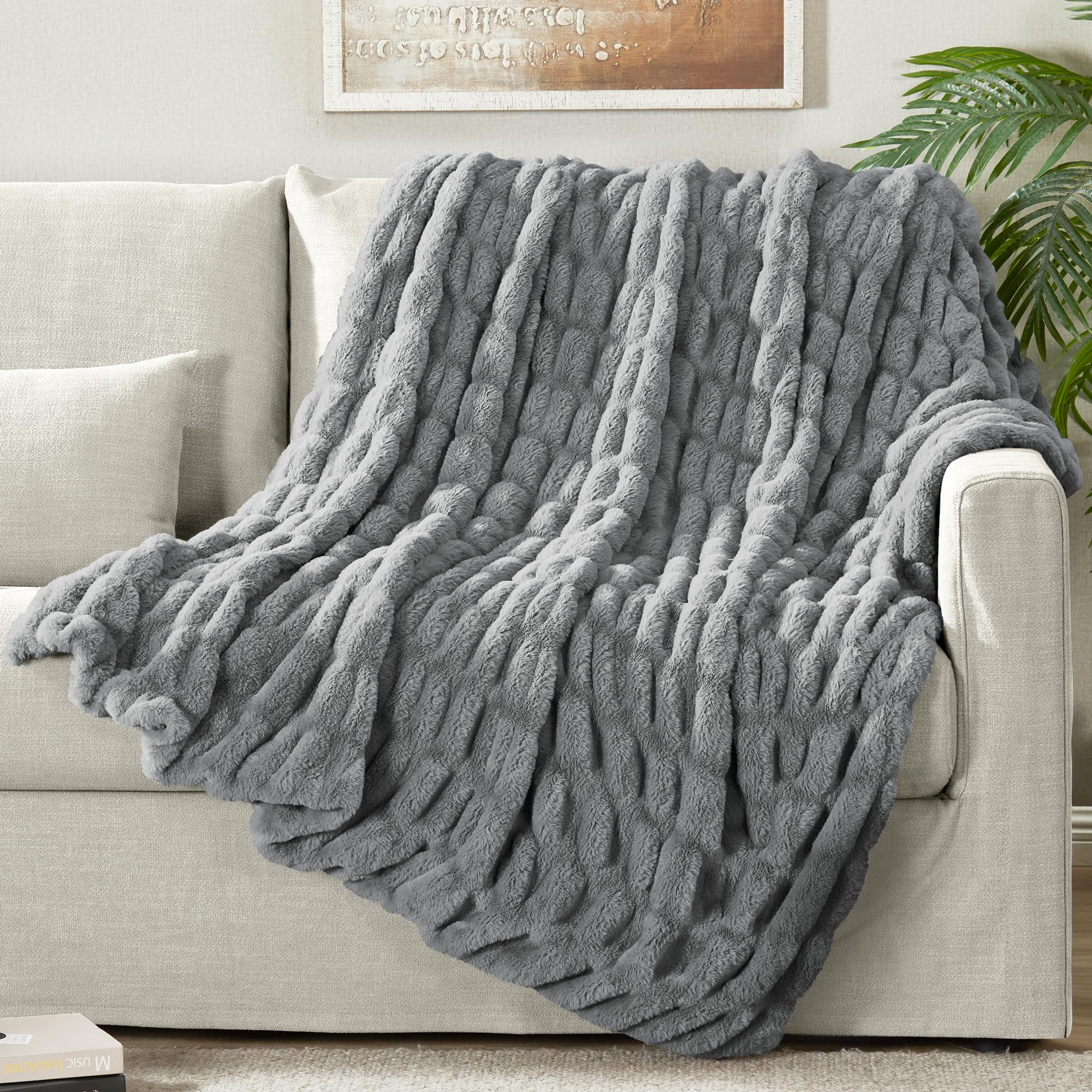 Dreamnine Solid Grey Fuzzy Ruched Faux Rabbit Fur Blanket 50' X 60', Luxury Puffy Fluffy Fake Fur Ruffled Blanket, Washable &
