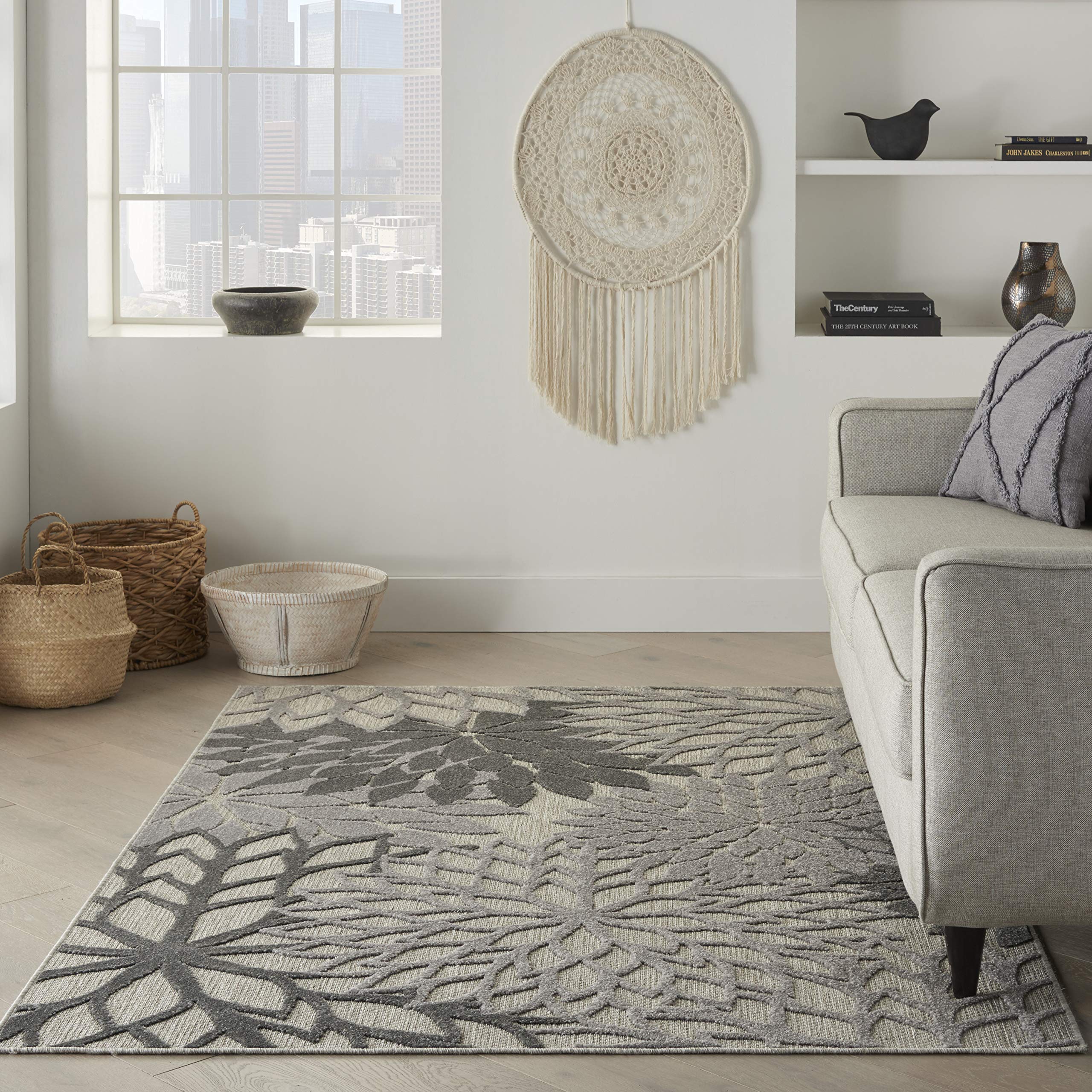Nourison Aloha Indoor/Outdoor Floral Silver Grey 3'6' X 5'6' Area Rug, (4' X 6')