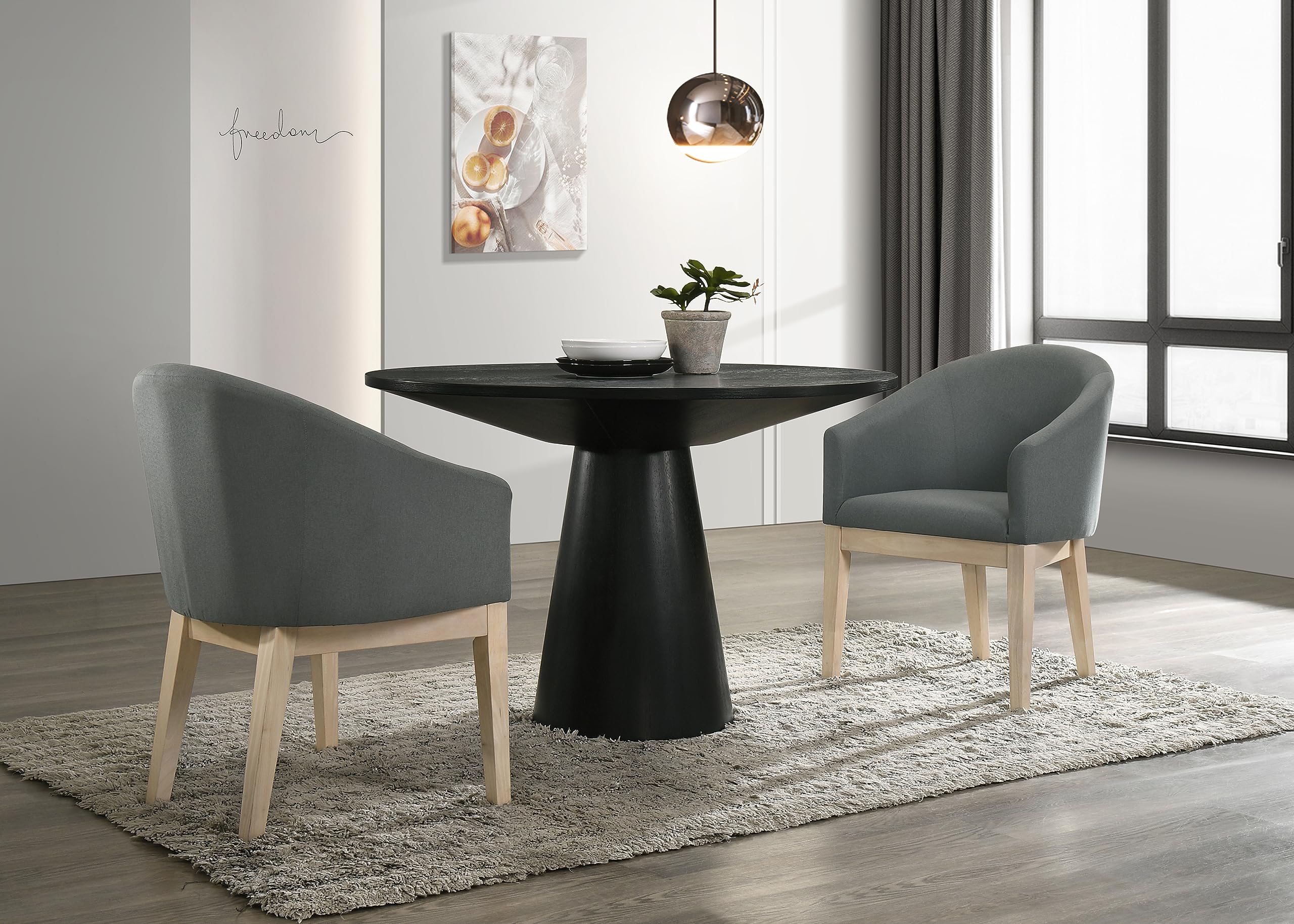 LILOLA LIVING Jasper Driftwood Finish 3 Piece 47&quot; W Round Dining Table Set with Gray Barrel Chairs