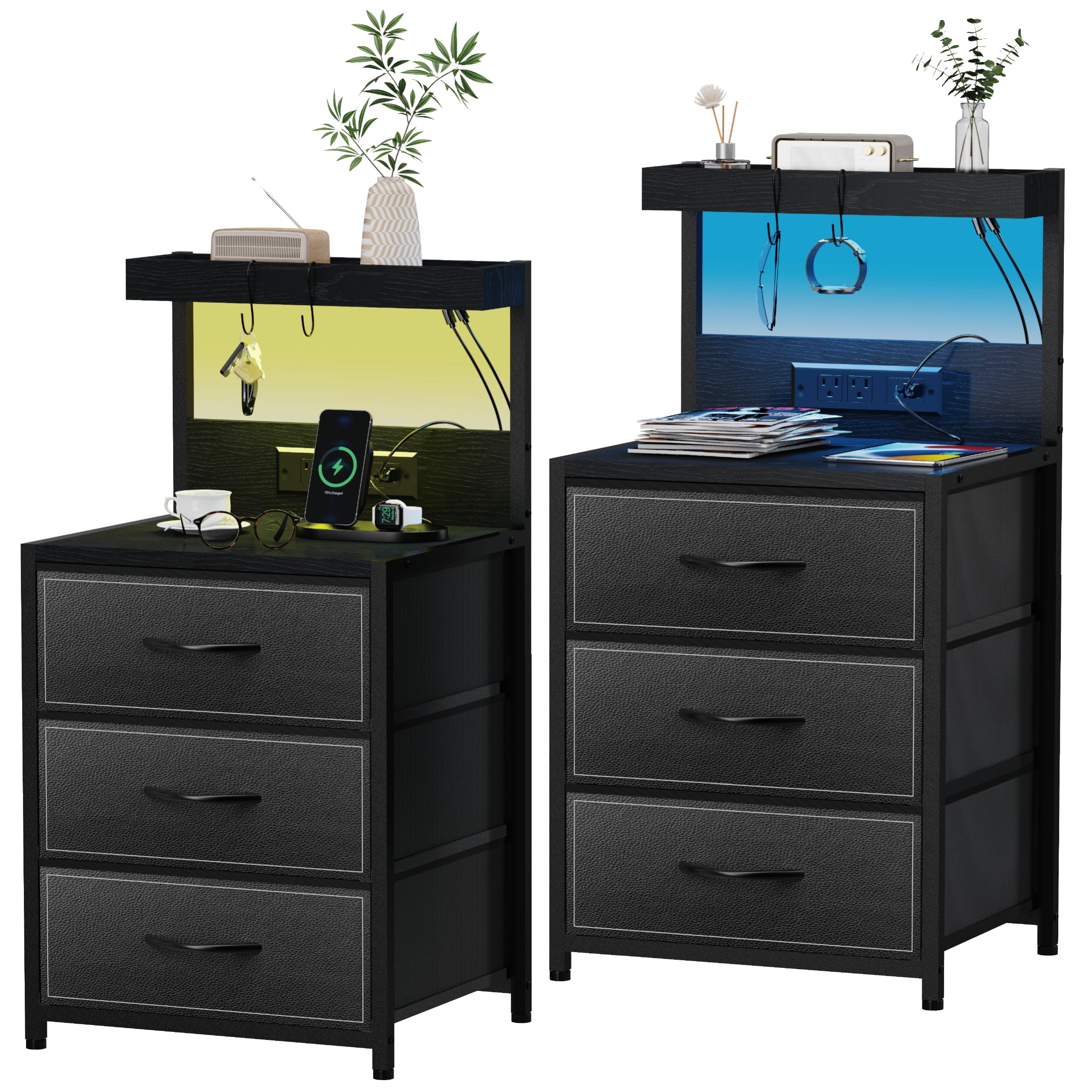 Szlhanjz Led Nightstand Set Of 2, Dresser Nightstand With 3 Drawers And Type C Charging Station, Storage End Table With Shelf And Hooks, Large Bedside Table For Dorm Bedroom, Black