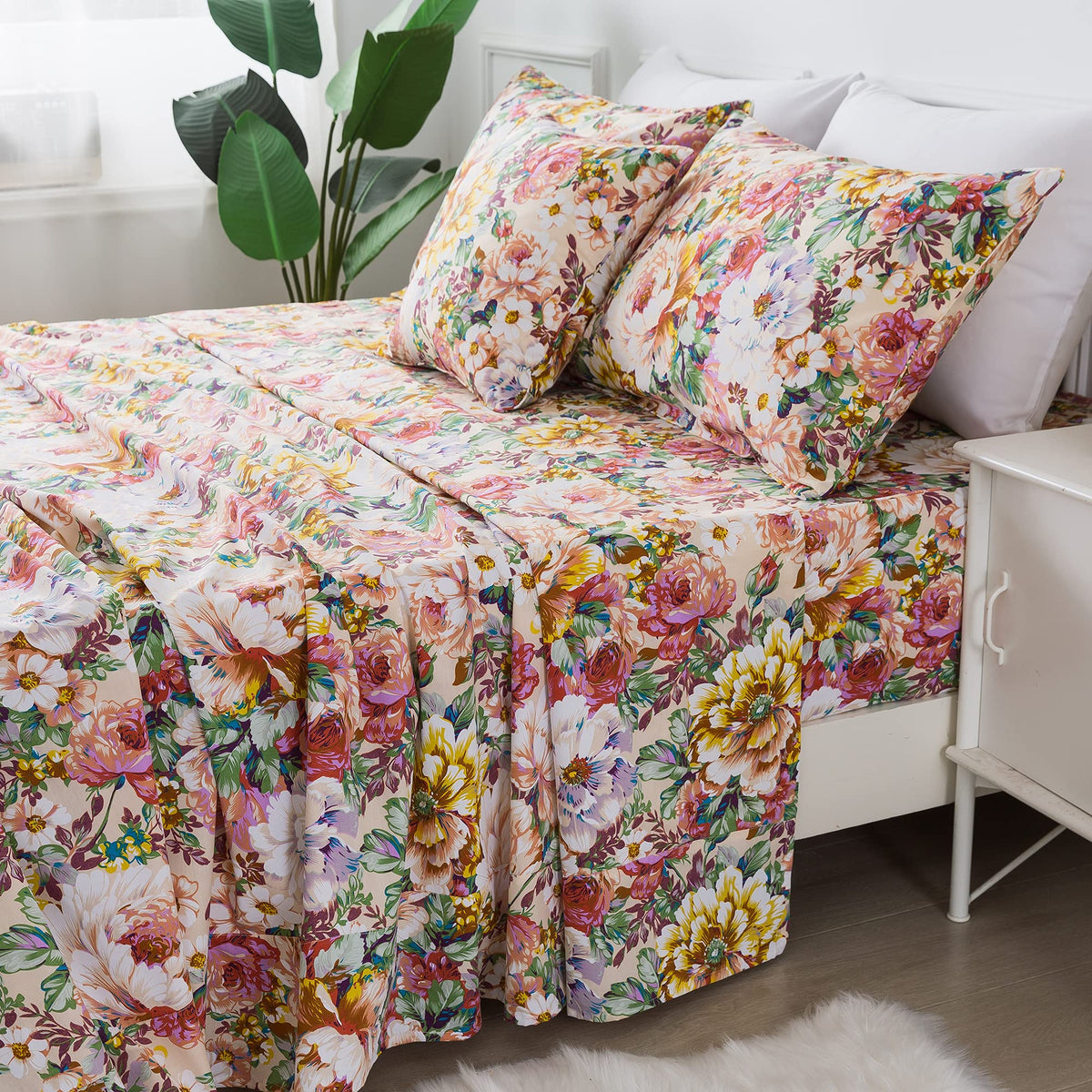 Fadfay Floral Sheets Set California King 100% Cotton Shabby Garden Flower Orange Pink Vintage Peony Bedding 600Tc Elegant Cottag