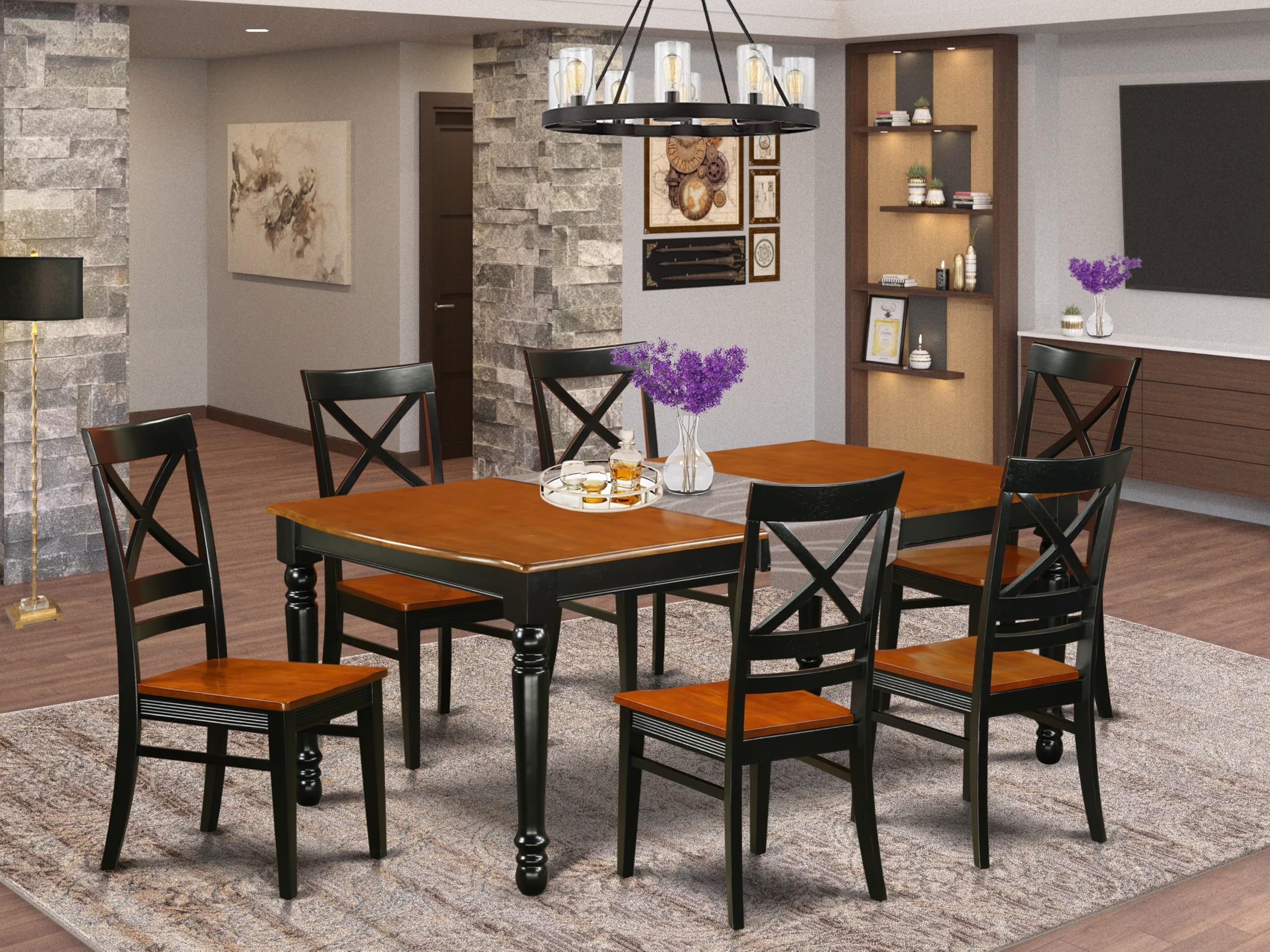 East West Furniture DOQU7-BCH-W 7 Piece Dining Table Set Consist of a Rectangle Dining Room Table with Butterfly Leaf and 6 Wood Seat Chairs, 42x78 Inch, Black & Cherry