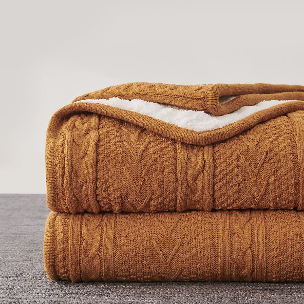 Longhui Bedding Burnt Orange 50 X 63 Inches Acrylic Cable Knit Sherpa Throw Blanket - Thick, Soft, Big, Cozy Knitted Fleece Blan
