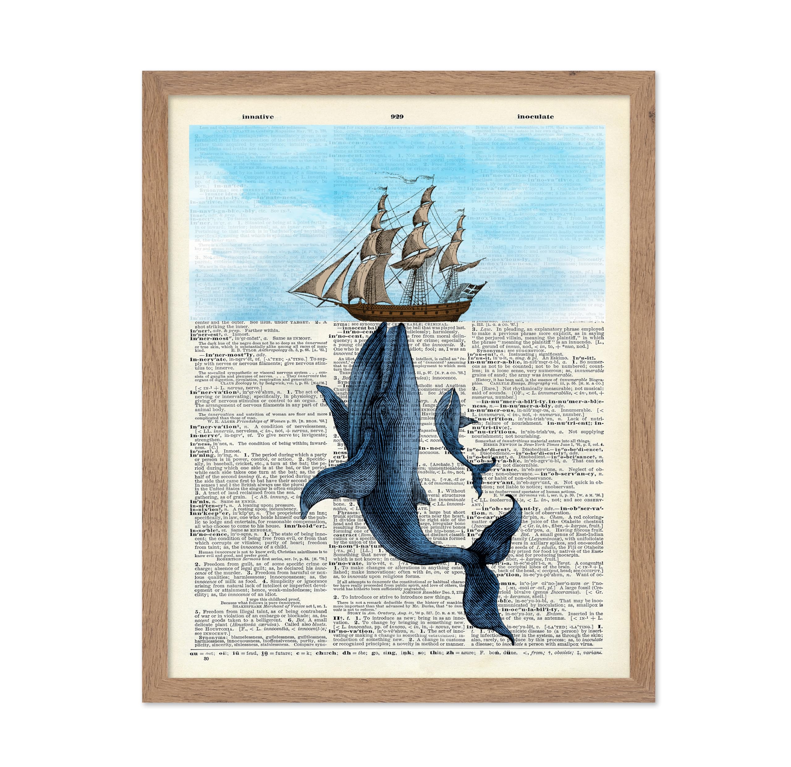 Poster Master Dictionary Art Poster - Blue Whales and Ship Print - Whale Art - Deep Sea Art - Gift for Him, Her, Animal Lover - 