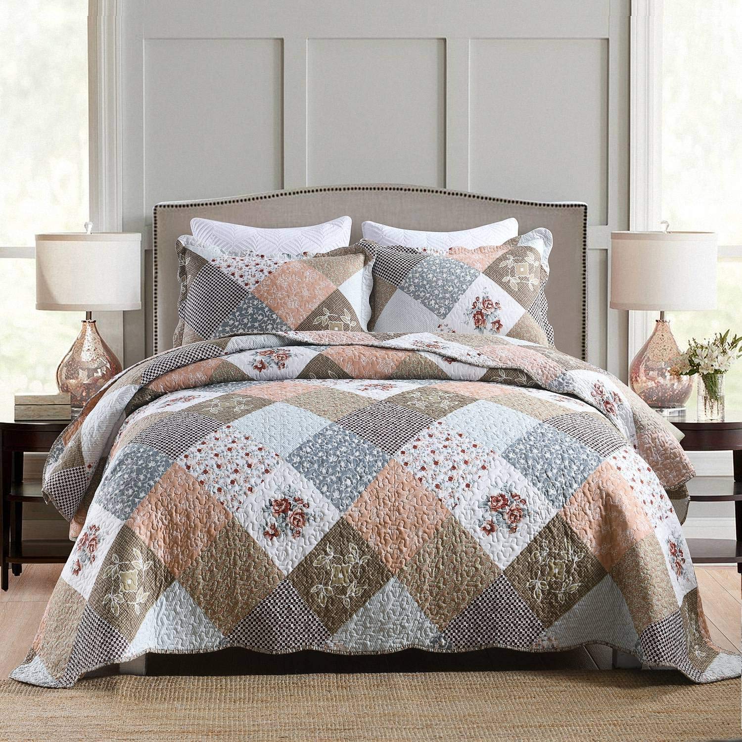 Homcosan Quilt Set, 3-Piece Queen Size Quilt Set With 2 Pillow Shams- Boho Reversible Soft And Lightweight King Quilt Bedding Be