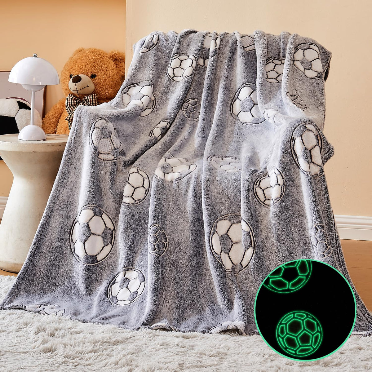 Wajade Glow In The Dark Soccer Throw Blanket For Kids, Soft Fleece Dino Throw Blanket For Christmas Thanksgiving Birthday Decor