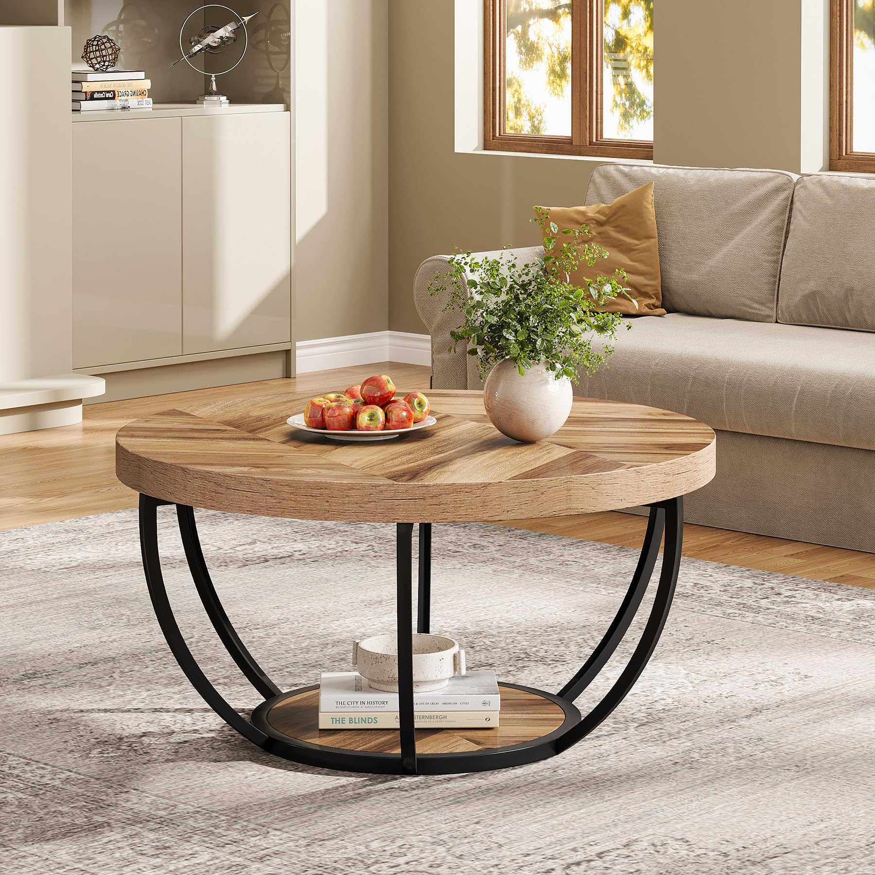 Tribesigns 31.7' Round Industrial Coffee Table With 2-Tier Storage Shelves, Modern Wood & Black Metal Accent Center Table For Living Room, Home Office – Easy Assembly