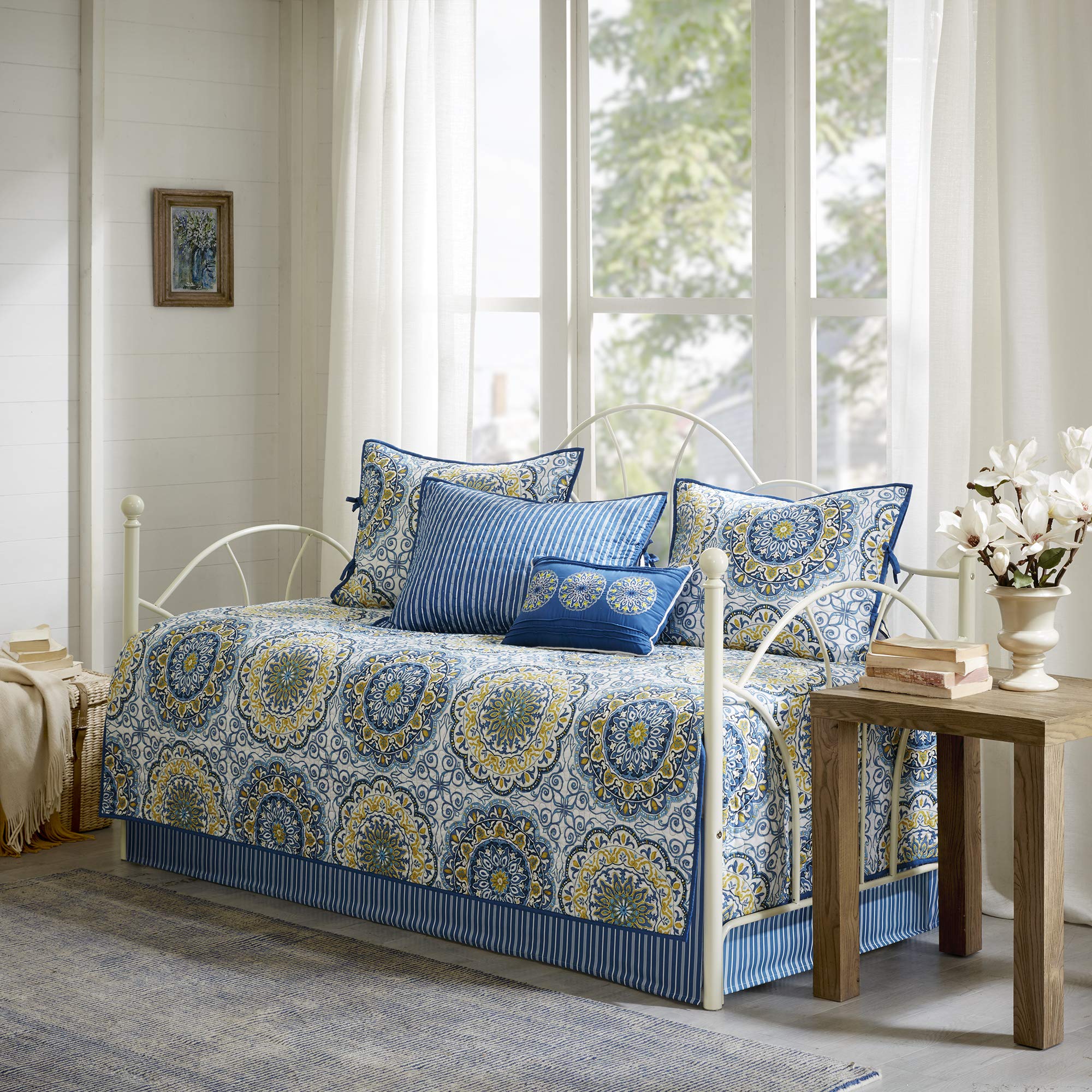 Madison Park Daybed Cover Set-Double Sided Quilting Casual Design All Season Bedding With Bedskirt, Matching Shams, Decorative Pillow, 75'X39', Medallion Blue 6 Piece