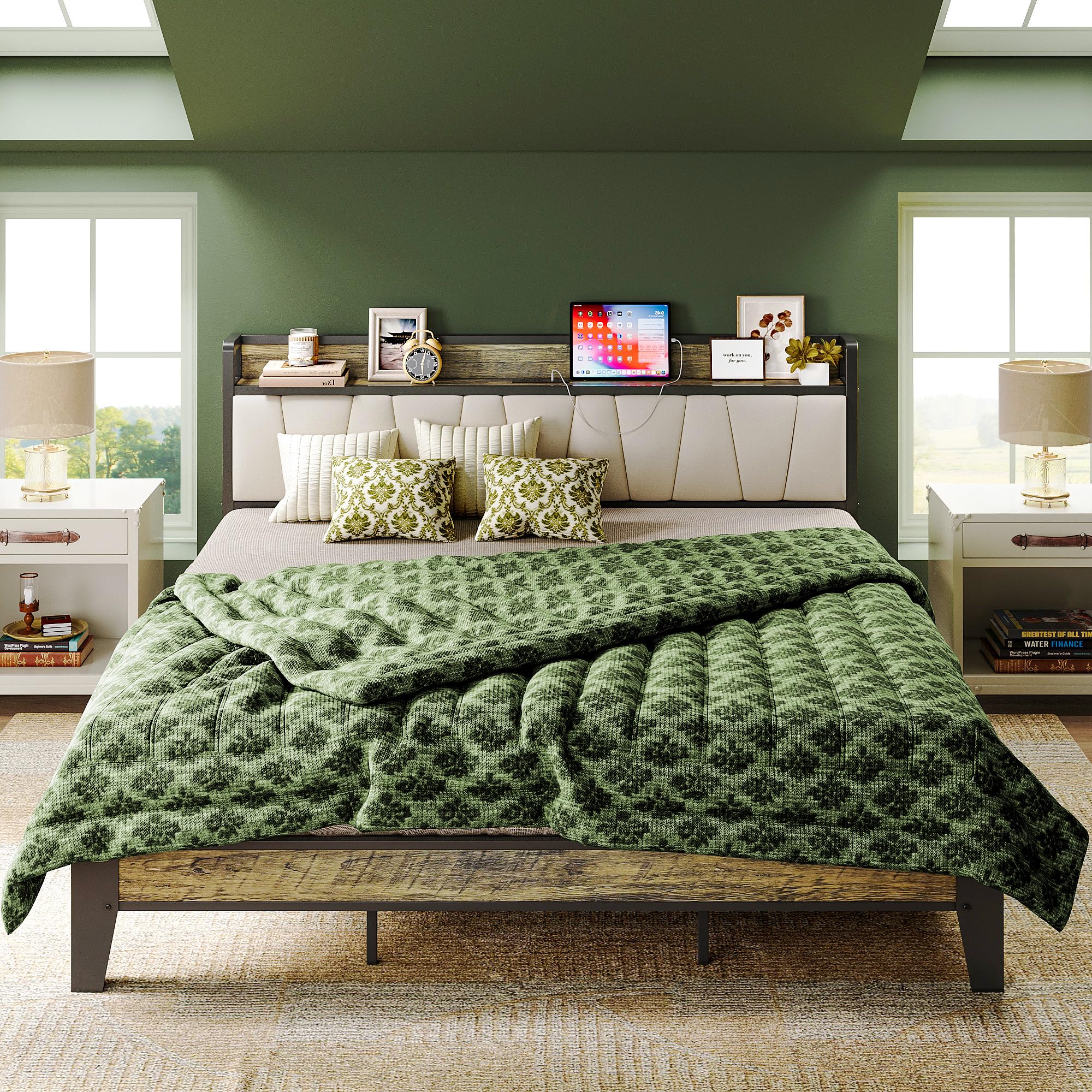 Likimio California King Bed Frame, Storage Headboard With Charging Station, Solid And Stable, Noise Free, No Box Spring Needed, Easy Assembly (Walnut And Beige)