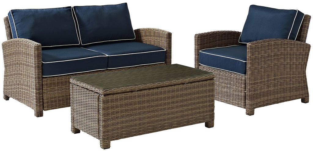 Crosley Furniture Bradenton 3-Piece Outdoor Loveseat Patio Furniture Set, Wicker Conversation Sets for Porch, Brown with Navy Cushions