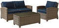 Crosley Furniture Bradenton 3-Piece Outdoor Loveseat Patio Furniture Set, Wicker Conversation Sets for Porch, Brown with Navy Cushions