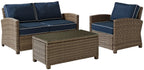 Crosley Furniture Bradenton 3-Piece Outdoor Loveseat Patio Furniture Set, Wicker Conversation Sets for Porch, Brown with Navy Cushions