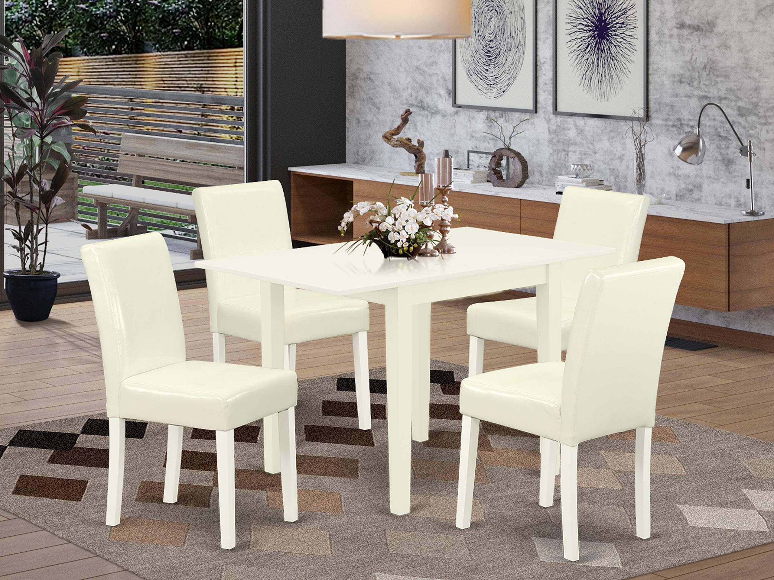 East West Furniture 1NDAB5-LWH-64 5 Piece Dinette Set for 4 Includes a Rectangle Room Table with Dropleaf and 4 White Faux Leather Parson Dining Chairs, 30x48 Inch