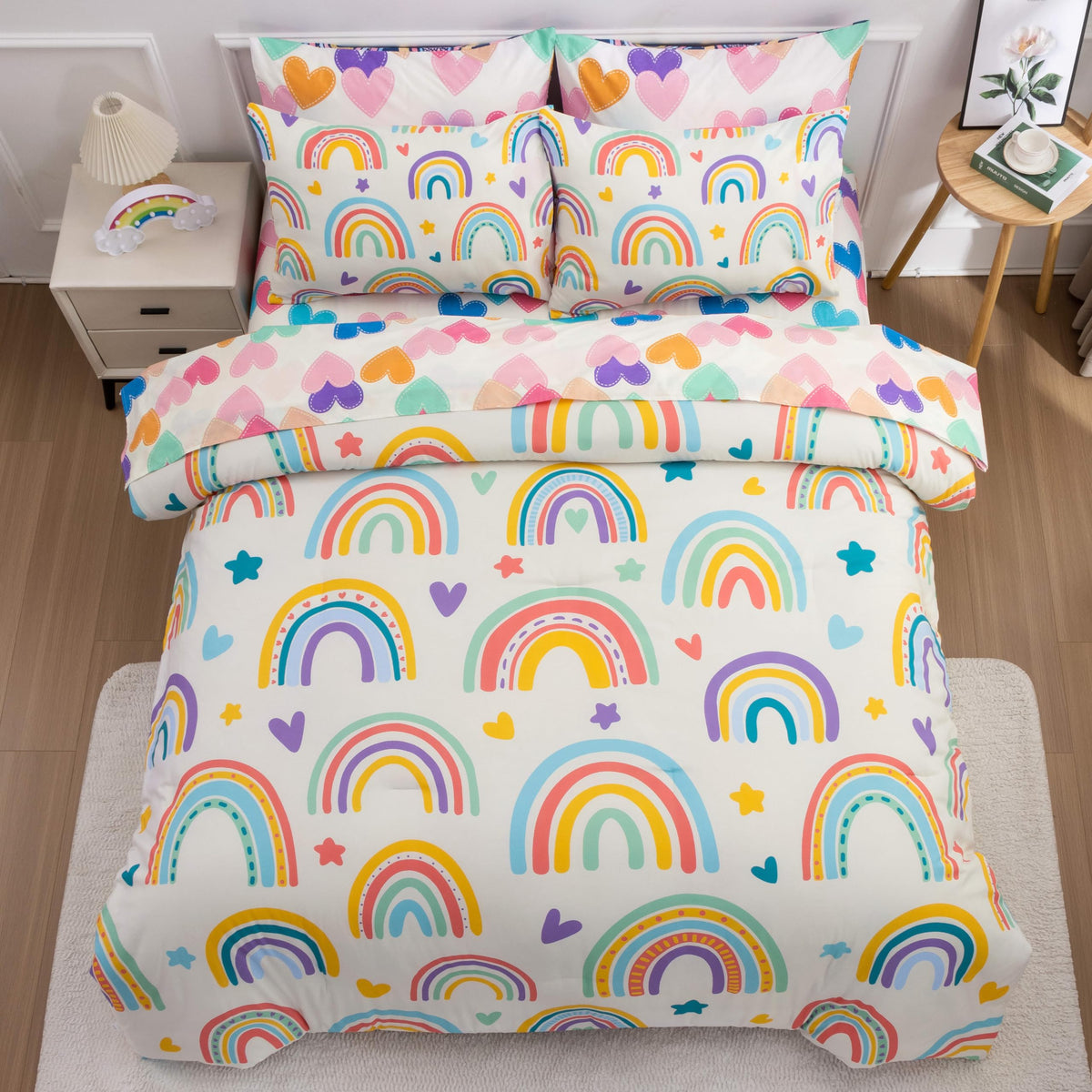 Btargot 5 Piece Beige Rainbow Comforter Set For Girls Boys Kids, Twin Size Cartoon Love Hearts Flowers And Sun Star Bedding Set,