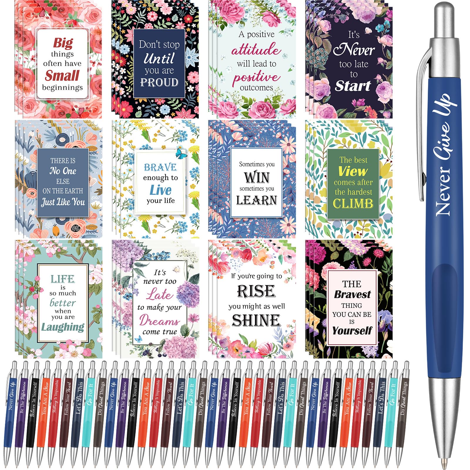 Yeaqee 72 Pcs Motivational Pens Notepads Gifts Set Inspirational Quote Ballpoint Pen Small Notebook Mini Journal Bulk Present Id