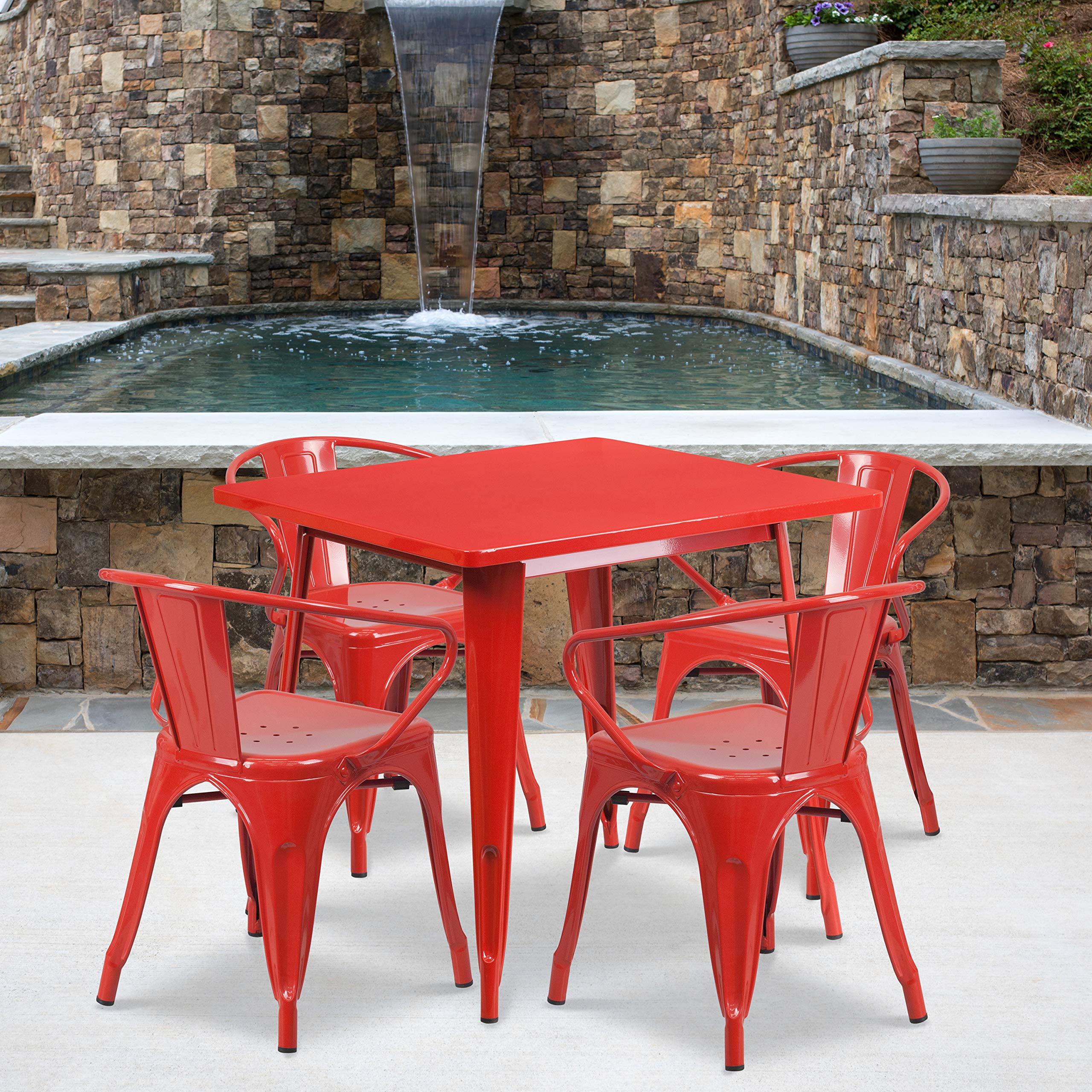 Flash Furniture Commercial Grade 31.5&quot; Square Red Metal Indoor-Outdoor Table Set with 4 Arm Chairs