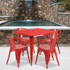 Flash Furniture Commercial Grade 31.5" Square Red Metal Indoor-Outdoor Table Set with 4 Arm Chairs
