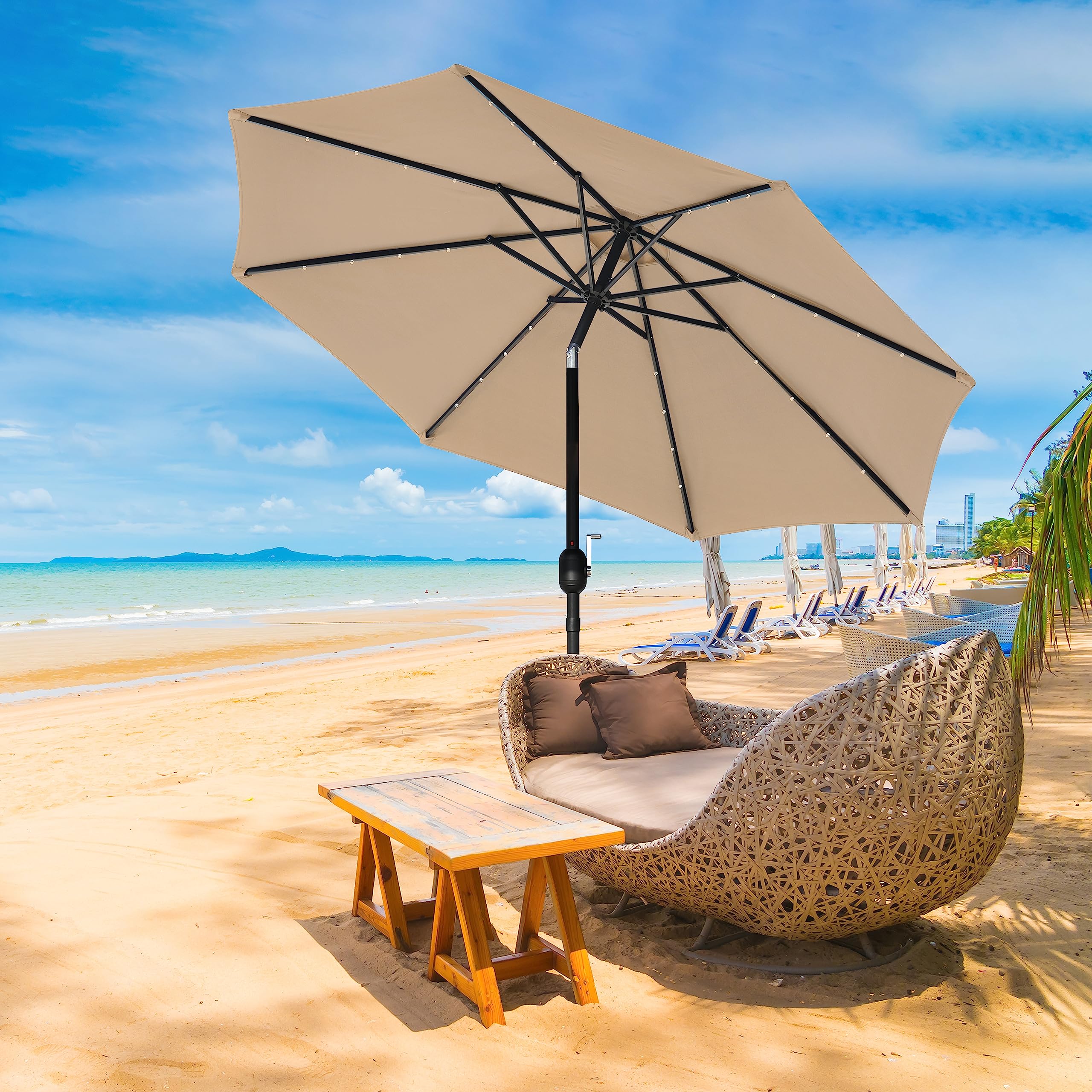 Yssoa 9' Solar Umbrella 32 Led Lighted Patio Umbrella Table Market Umbrellas With Push Button Tilt/Crank Outdoor For Garden, Deck, Backyard And Pool, Tan