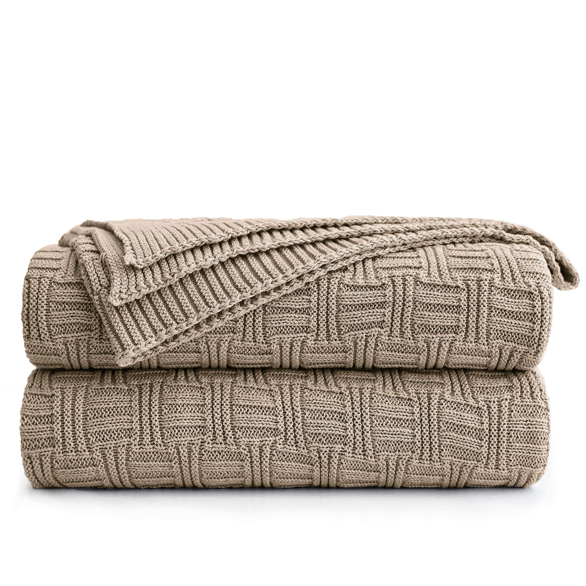 Khaki Cotton Knit Throw Blanket For Couch Sofa Bed - Home Decorative Soft Cozy Sweater Woven Fall Cable Knitted Blankets - 2.3 P