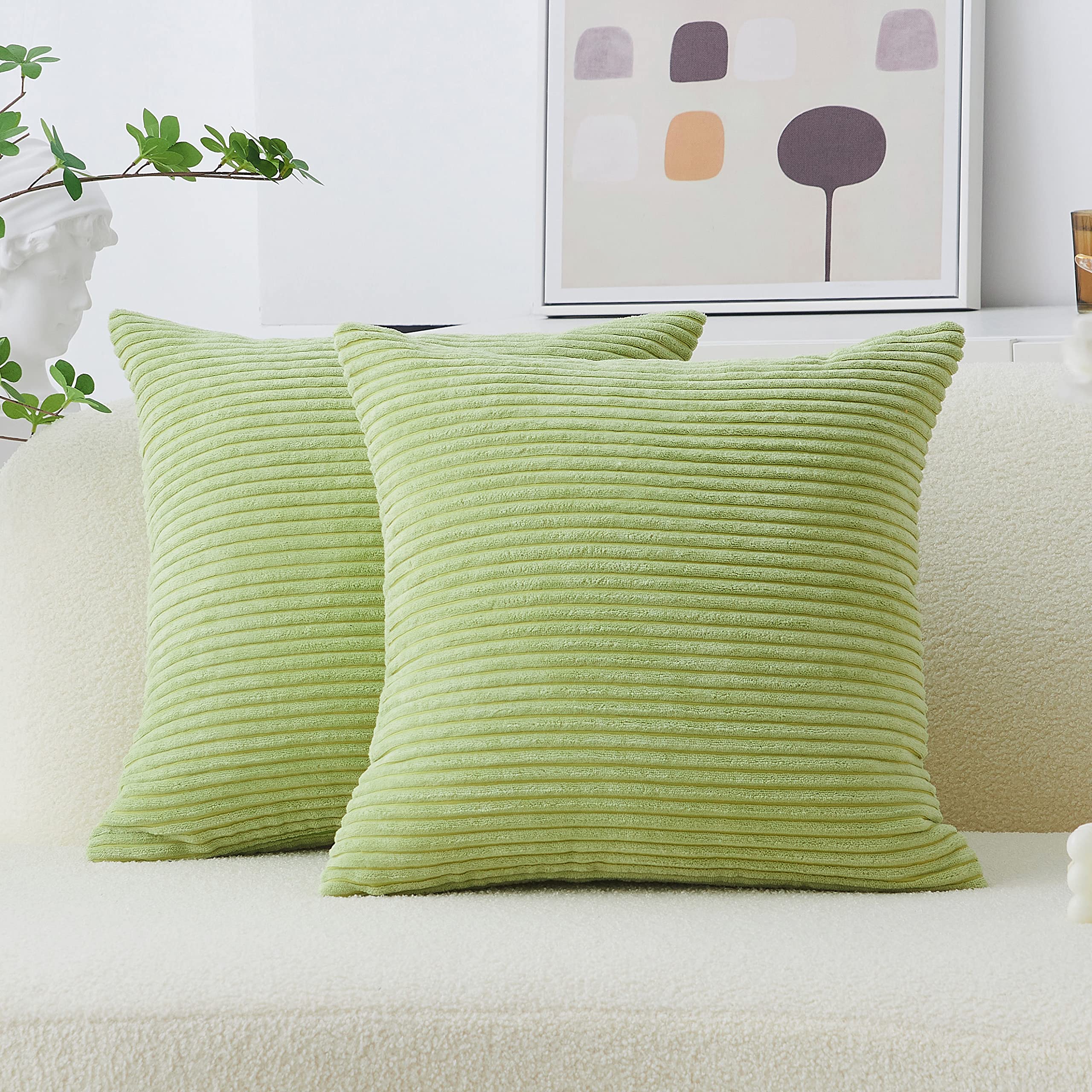 Home Brilliant Green Pillow Covers Striped Super Soft Set Of 2 Corduroy Couch Accent Pillow Covers For Couch Living Room, 55Cm,