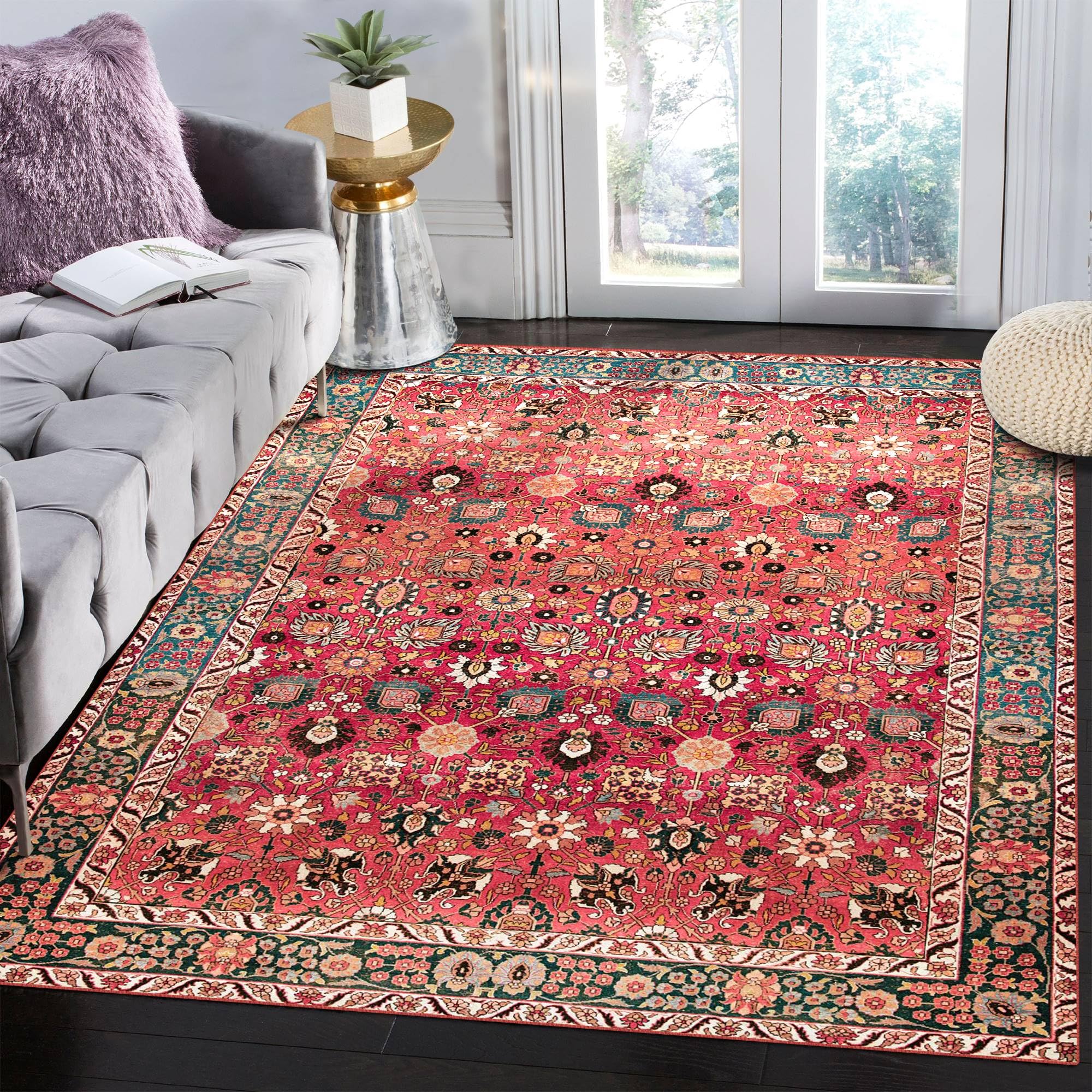 Vivorug Washable Rug, Ultra Soft Area Rug 5x7, Non Slip Rug, Stain Resistant Rugs for Living Room, Vintage Floral (Cherry Red/Sp
