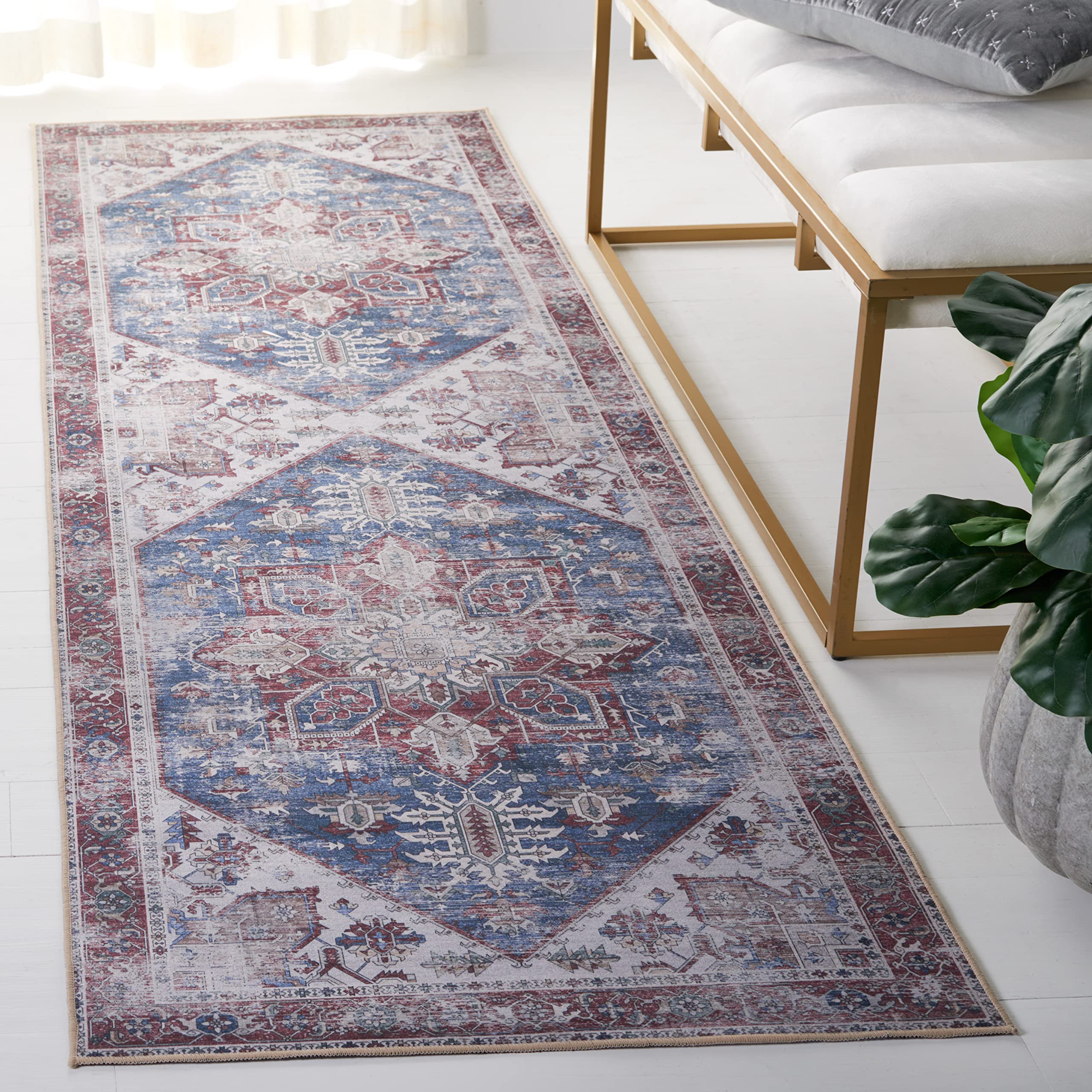 SAFAVIEH Washable Rug Tucson Collection - 26 x 12 Runner, Navy & Red, Slip Resistant, Ideal for High Traffic Areas in Living R