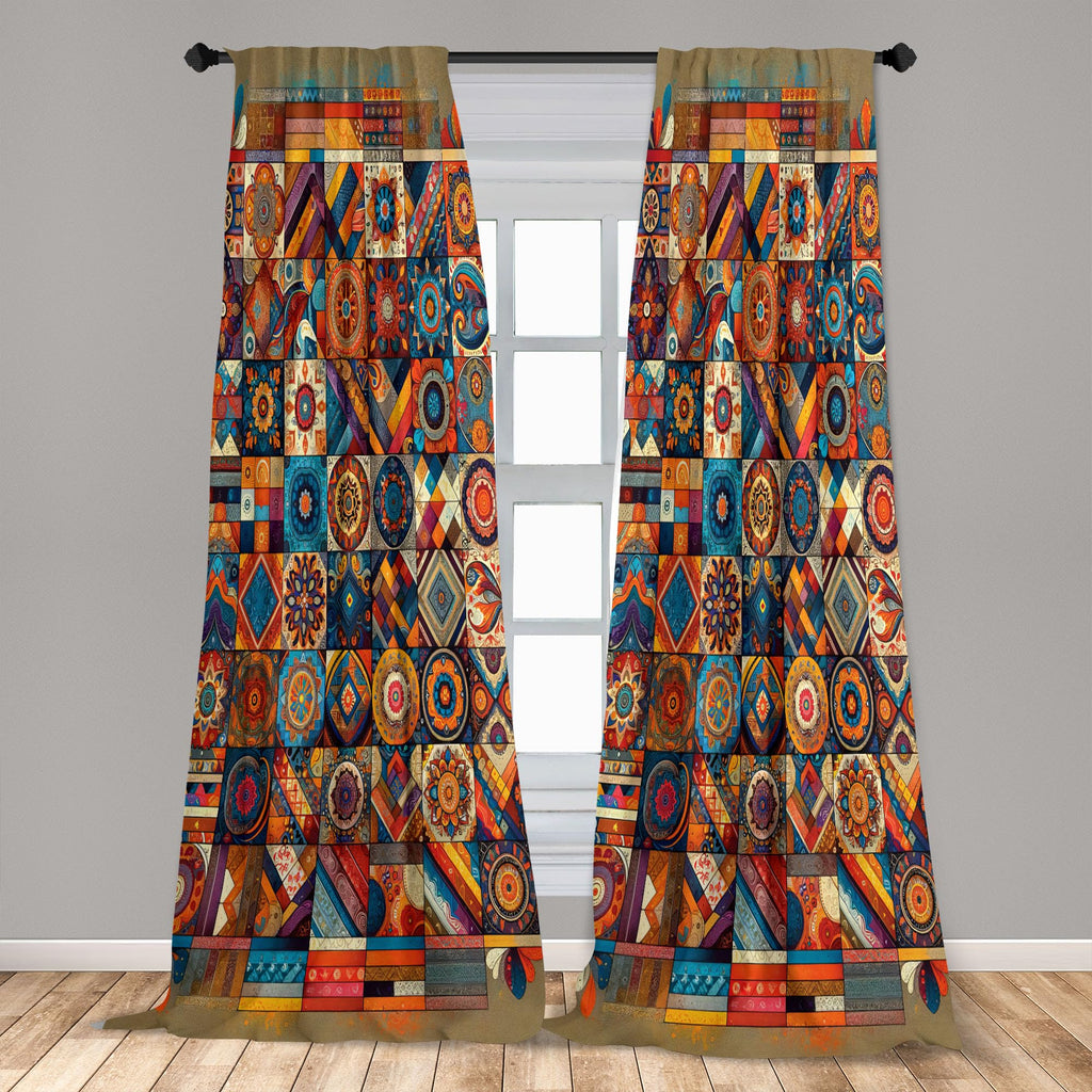 Ambesonne Bohemian Curtains, Patchwork Inspired Squares With Mandala Blooms And Folk Geometric Art, Window Treatments 2 Panel Se