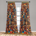 Ambesonne Bohemian Curtains, Patchwork Inspired Squares With Mandala Blooms And Folk Geometric Art, Window Treatments 2 Panel Se