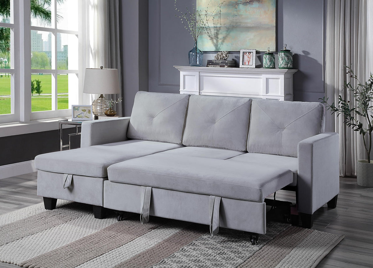 Lilola Home Nova 82.5" W Light Gray Velvet Reversible Sleeper Sectional Sofa with Storage Chaise