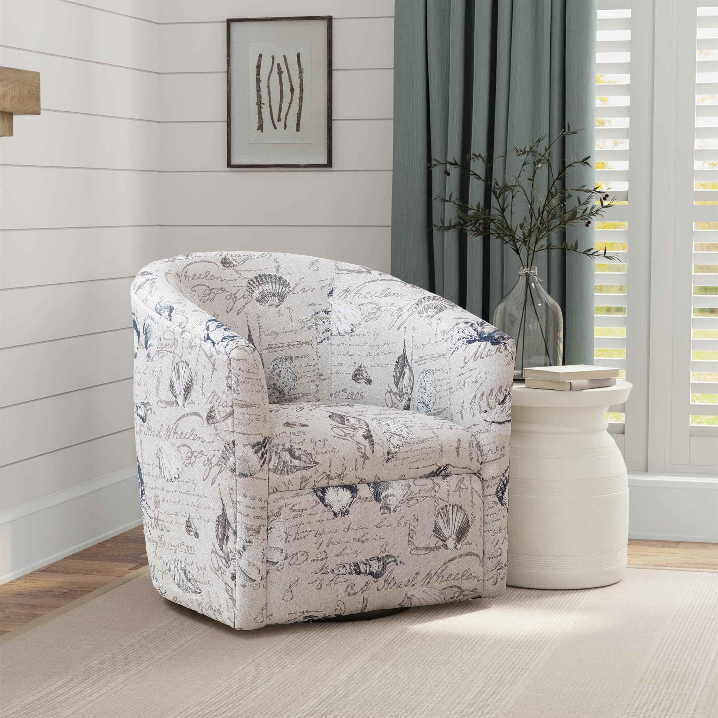 Beach Harbor Gray Coastal Patterned Polyester Fabric Swivel Accent Chair