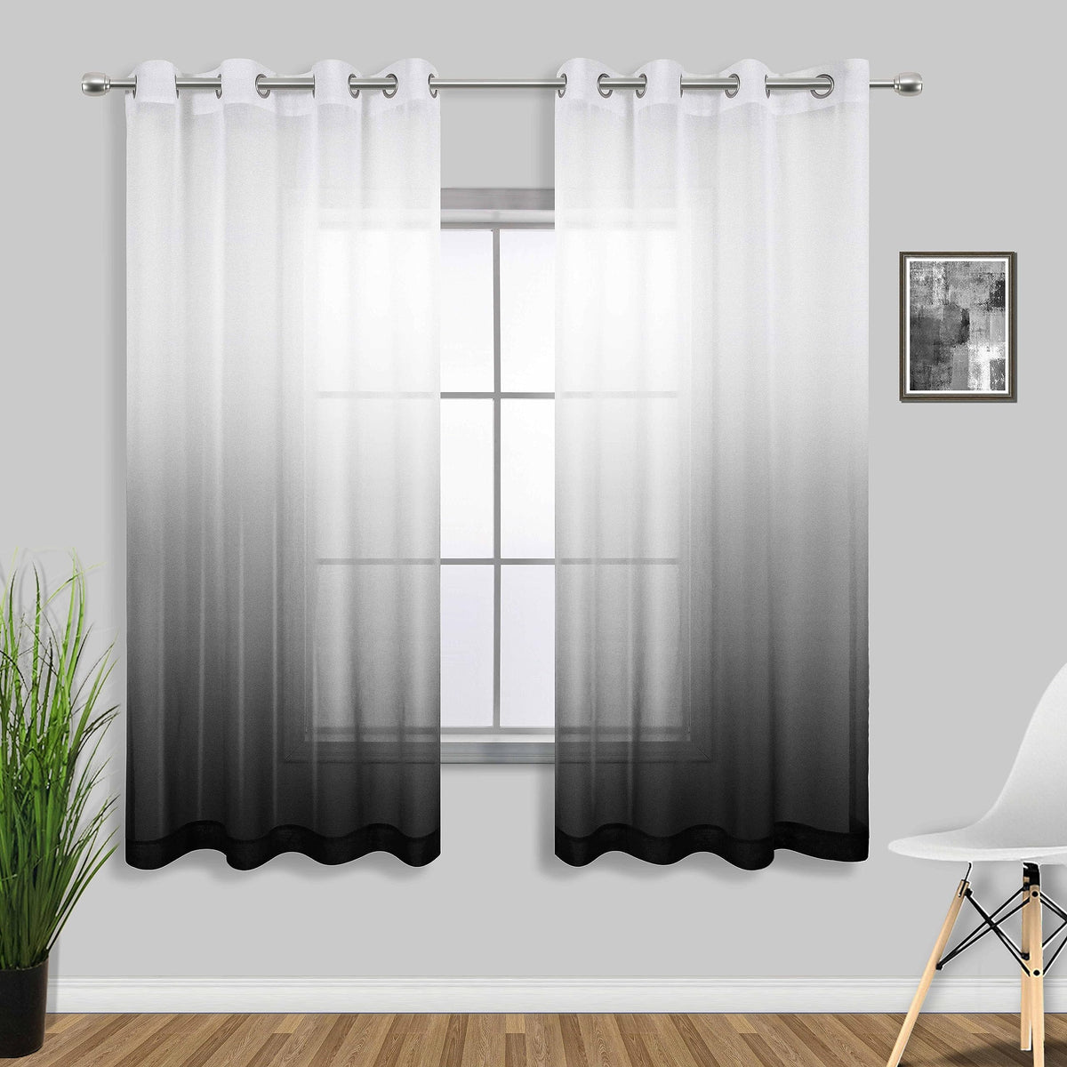 Koufall Black Curtains 63 Inch Length For Bedroom 2 Panels Set Cool Grommet Faux Linen Semi Sheer Ombre Short Black Living Room