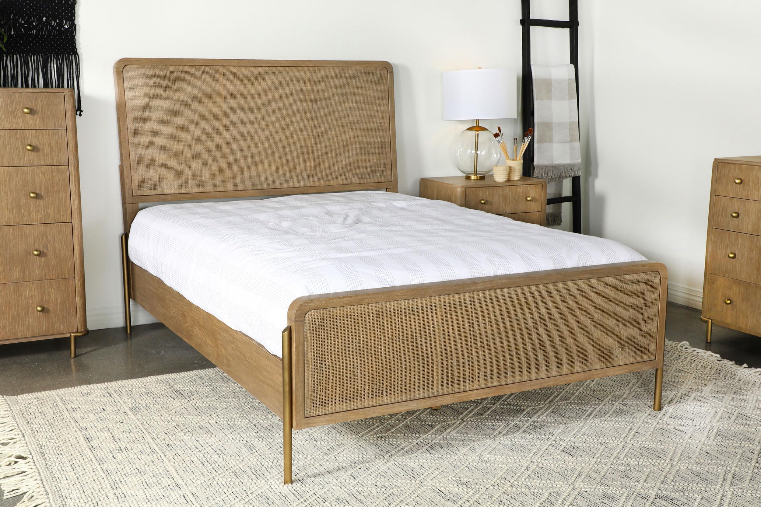 Coaster Home Furnishings Arini Coastal Wood Eastern King Size Panel Bed Frame 56-inch Headboard Sand Wash and Natural Cane 224300KE