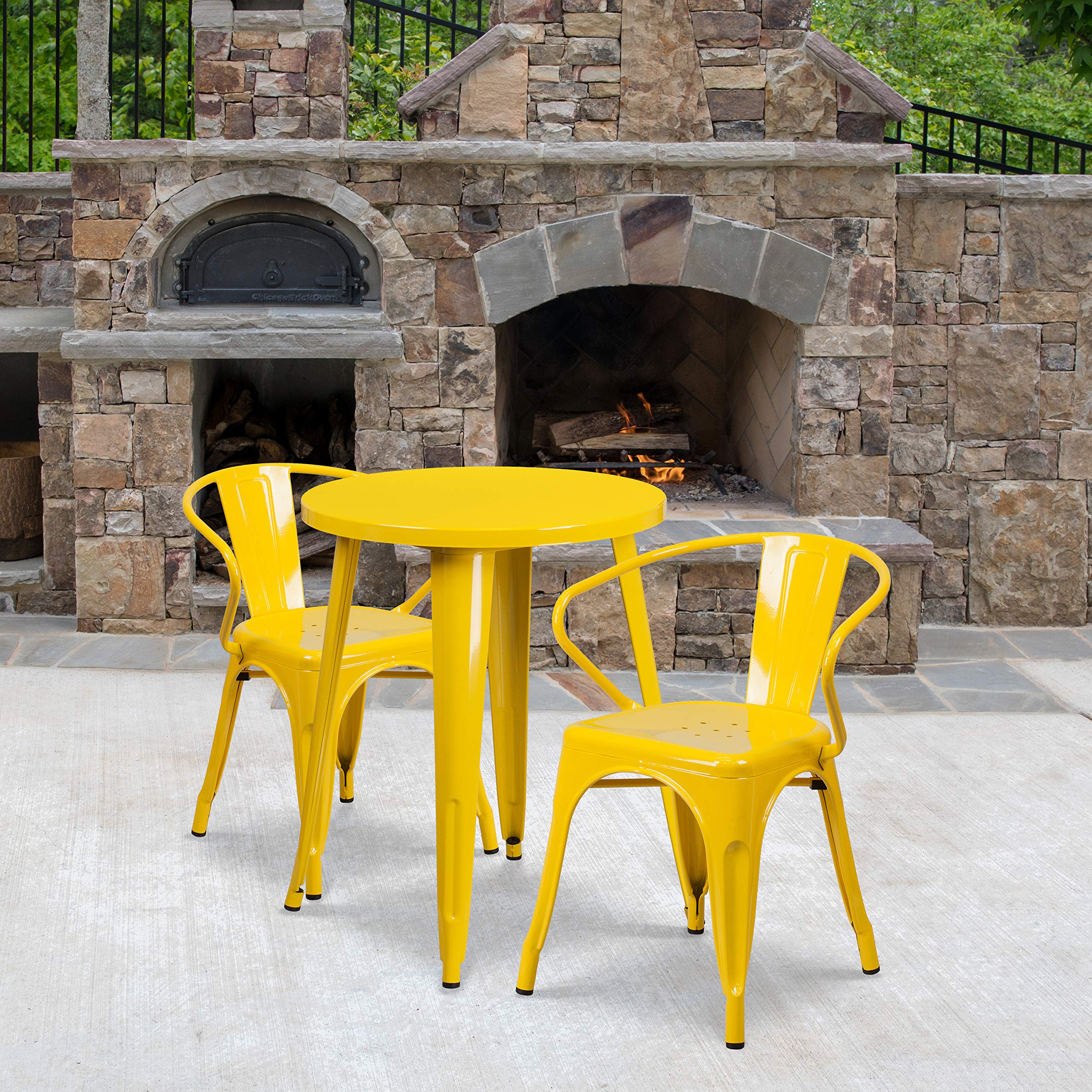 Flash Furniture Napoleon Commercial Grade 24&Quot; Round Yellow Metal Indoor-Outdoor Table Set With 2 Arm Chairs