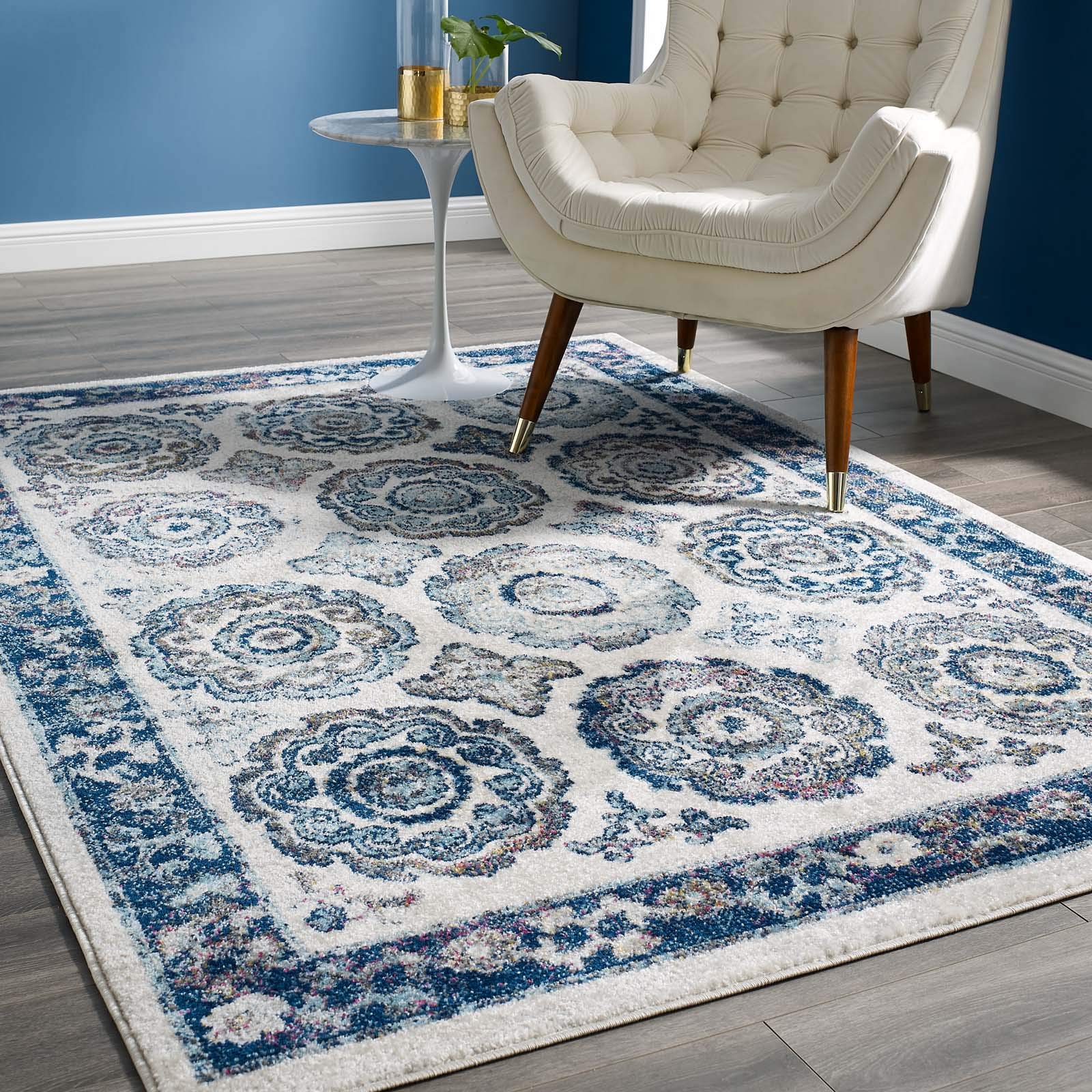Modway Entourage Odile Transitional Distressed Vintage Floral Moroccan Trellis 5X8 Area Rug, Ivory And Blue