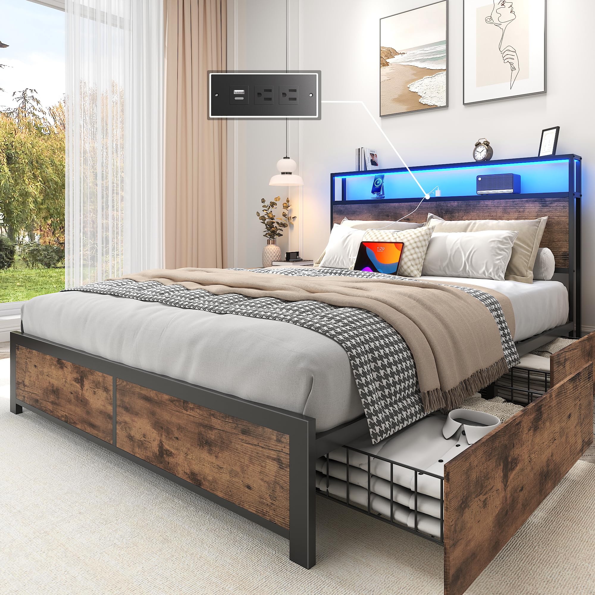 Lifezone Full Bed Frame With 2-Tier Storage Headboard, Metal Platform Bed Frame With 4 Storage Drawers, Built In Charging Statio
