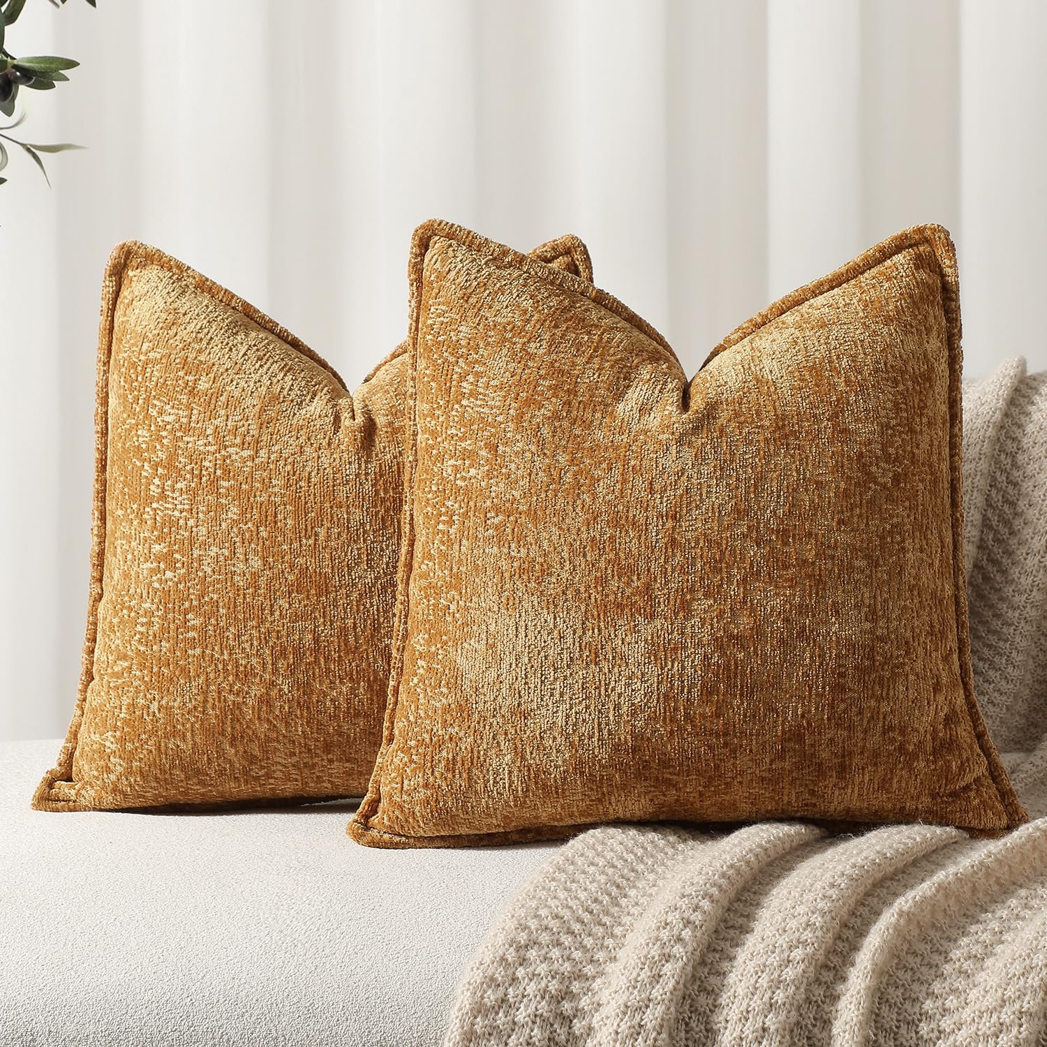 Dezene Pack Of 2 Golden Brown Decorative Throw Pillow Covers 22X22 Cozy Soft Chenille Accent Vintage Square Couch Pillow Covers