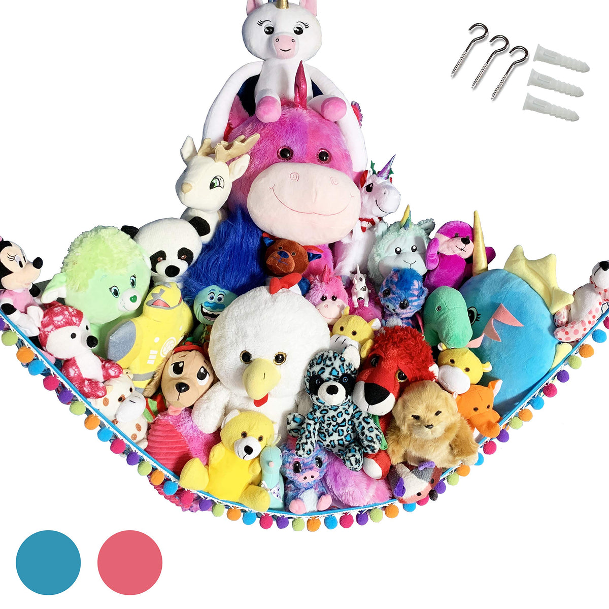 HOME4 Plush Animal Teddy Bear Hanging Storage Toys Hammock Net With Fun Poms Poms - Organize Small, Large, Giant Stuffed Toys Ba