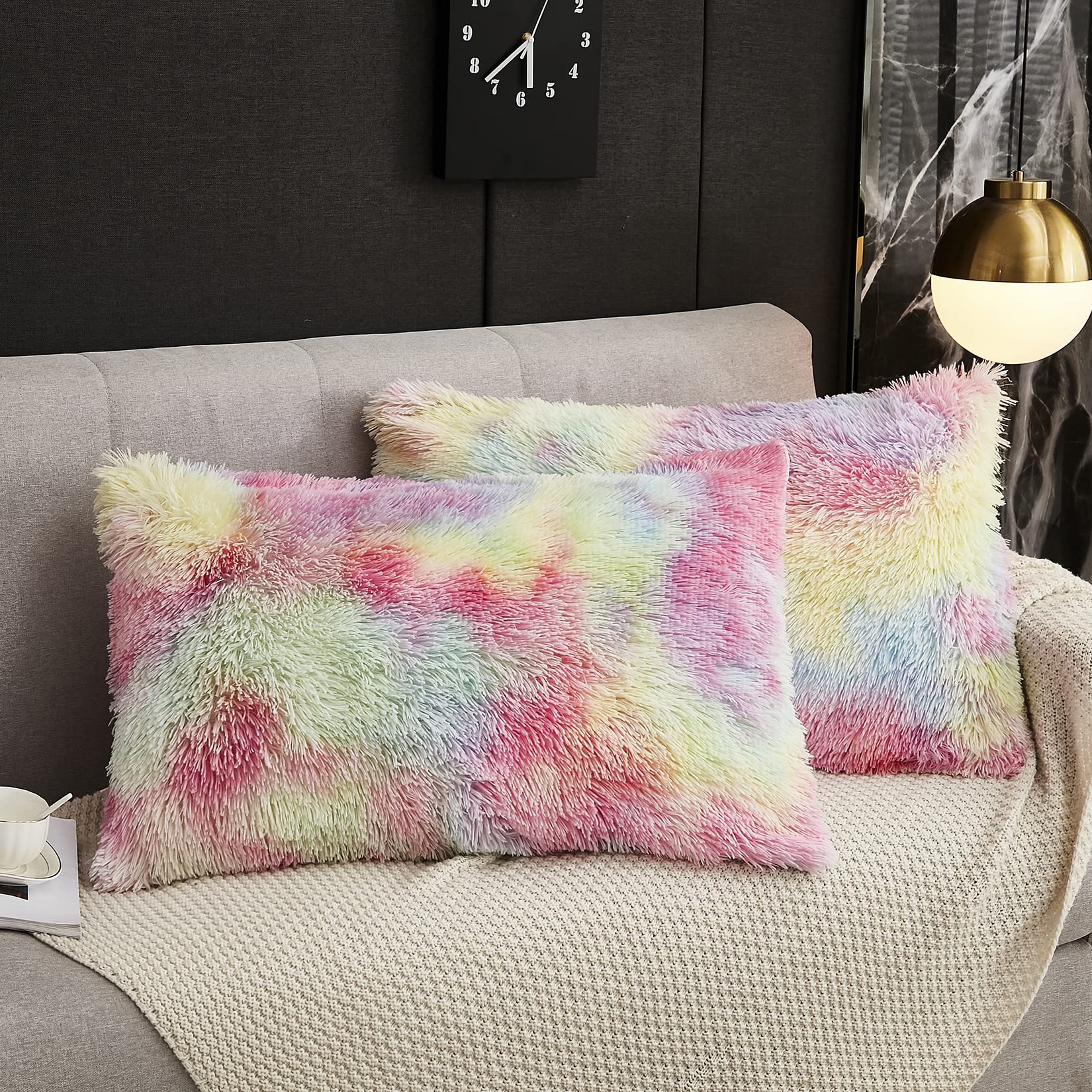 Werdim Shaggy Fluffy Faux Fur Pillowcases 2 Pack Button Closure Velvet Pillow Shams King Size (Rainbow, 20 X 36 Inches)