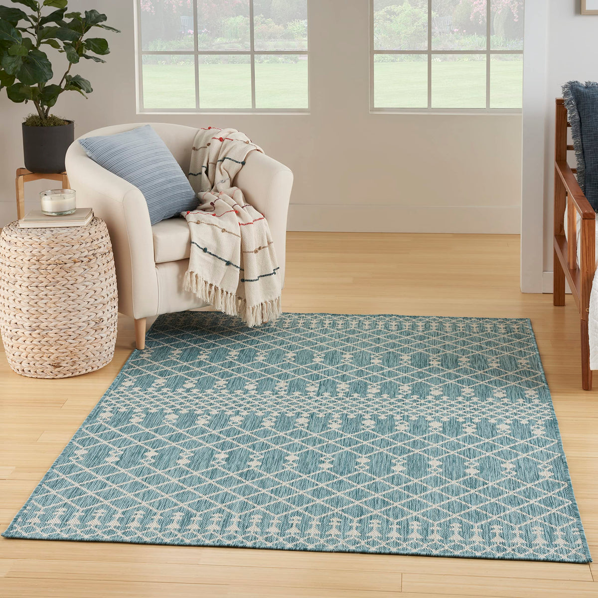 Nourison Positano Indoor/Outdoor Aqua 4' X 6' Area Rug, Easy Cleaning, Non Shedding, Bed Room, Living Room, Dining Room, Deck, Backyard, Patio (4X6)