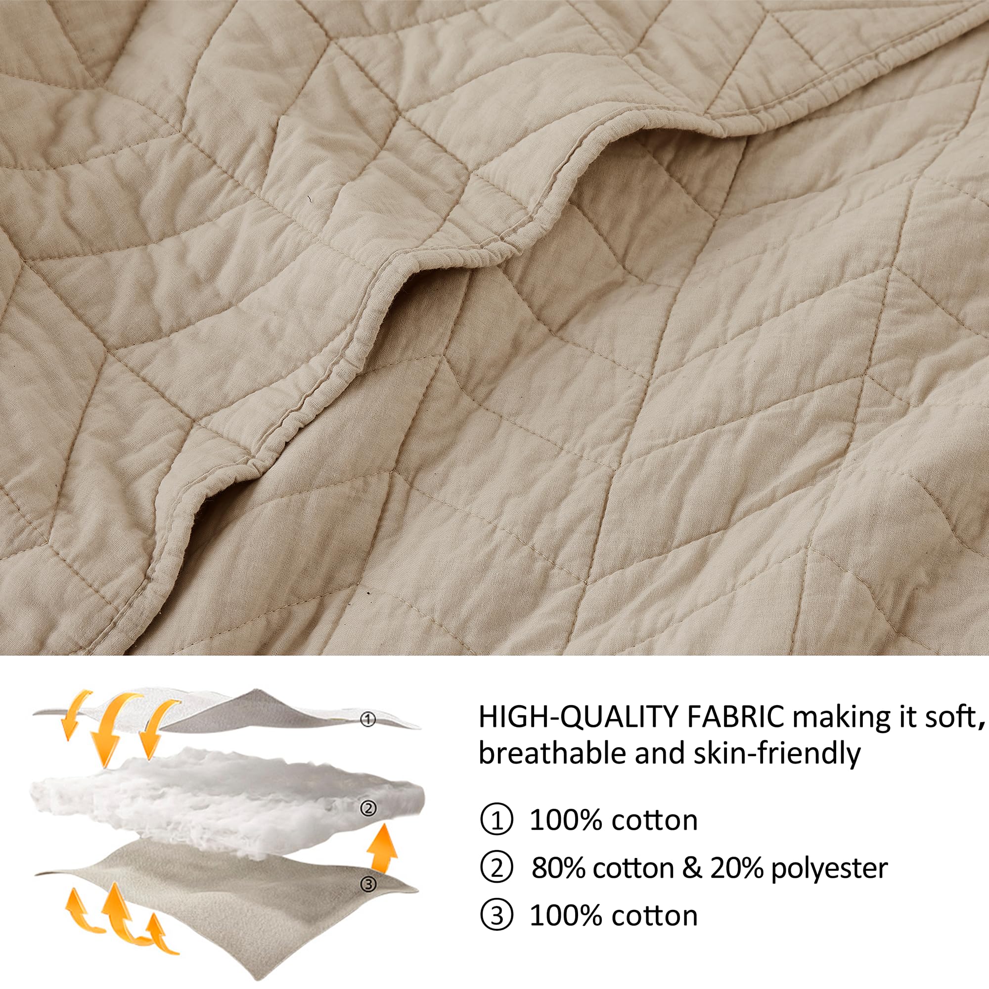 Palassio Dark Beige 100% Cotton Quilt Queen Size Bedding Sets With Pillow Shams, Lightweight Soft Bedspread Coverlet, Quilted Co